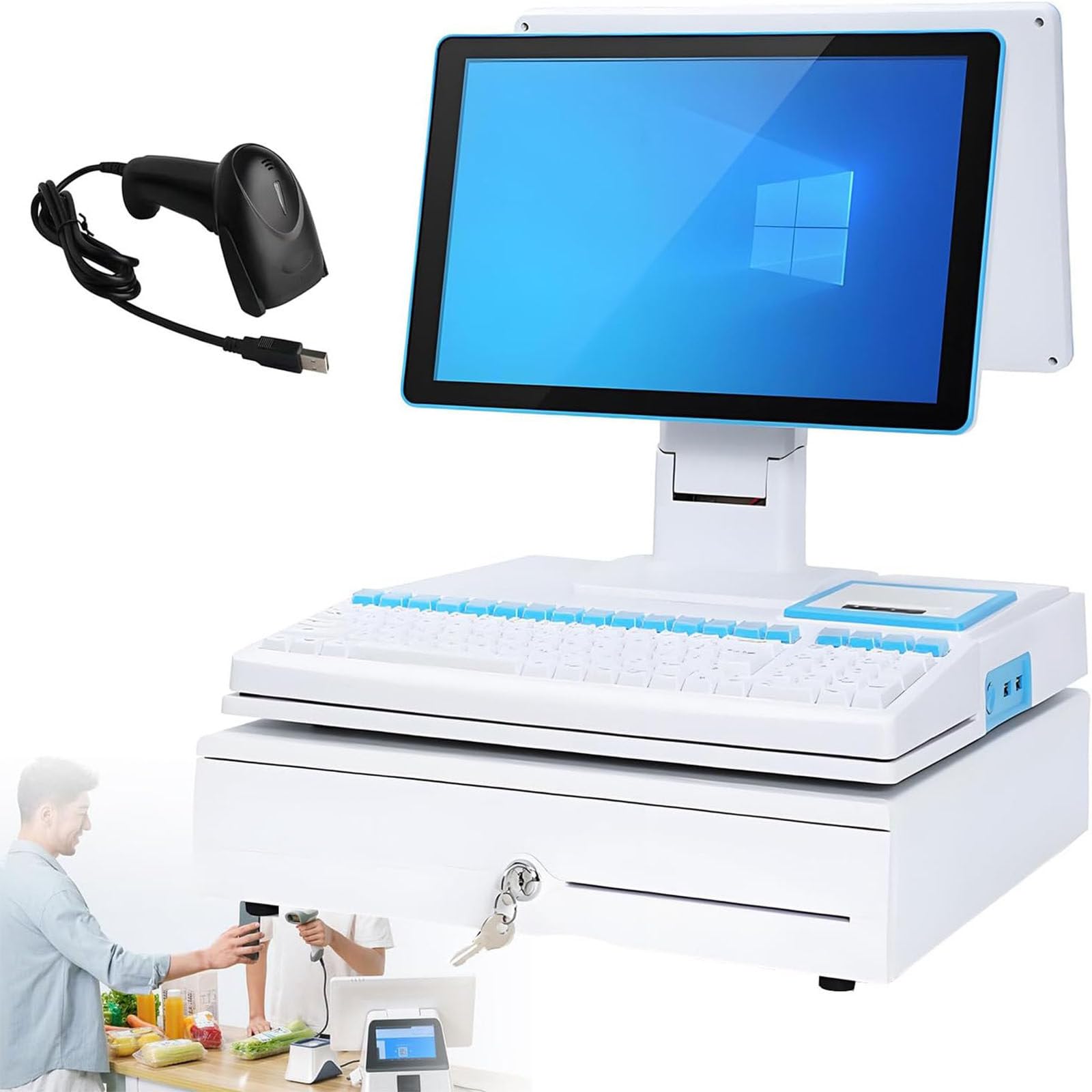 Ptatritious B Smart Touch Screen Pos System, All-In-One Cash Register With Uilt-In 58Mm Thermal Printer, Cash Drawer, Handheld Scanner, 15.6" Display, For Restaurants & Retail -8+256G