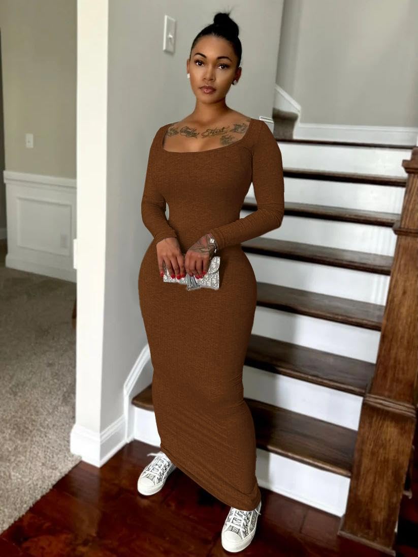 Nimsruc Sexy Crew Neck Lounge Long Dress Fitted Long Sleeve Ribbed Bodycon Maxi Dresses for Women 2024 - Image 2