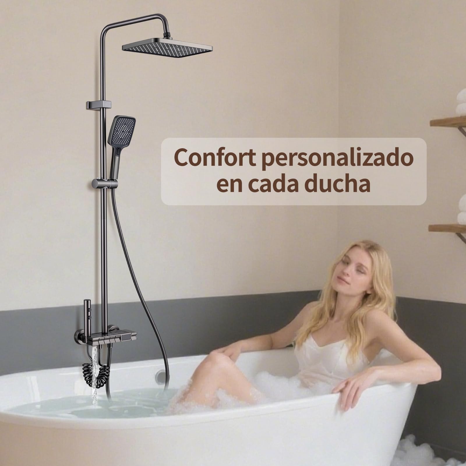 Columna Ducha con Grifo, Ducha de Bano Columna con Pantalla Digital LED - Cabezal Cuadrado, Altura Ajustable Ducha de Mano, Grifo para Bañera y Rociador Auxiliar - Baño de Lujo y Confort