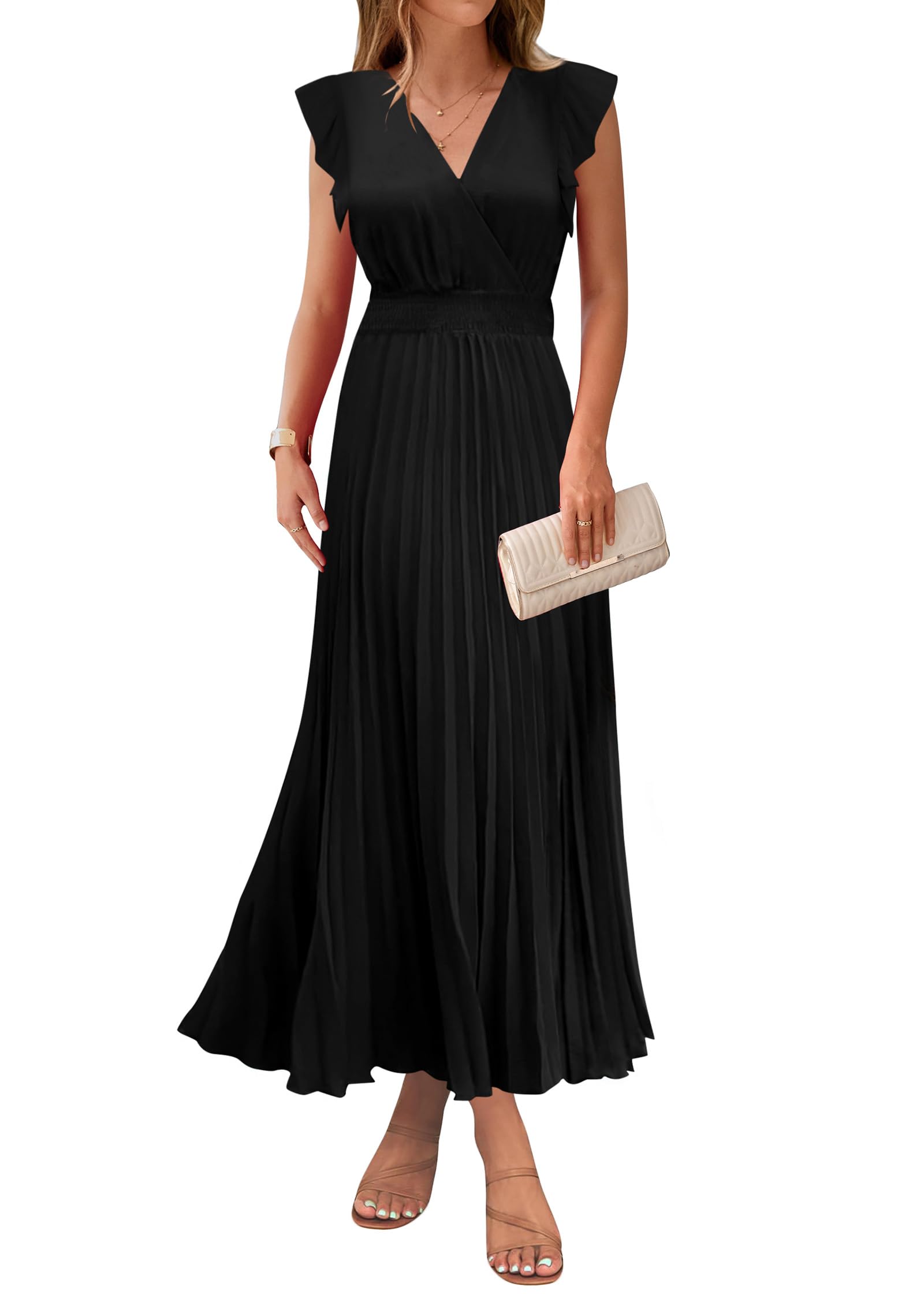 KIRUNDO Women's Summer Maxi Dresses Elegant V Neck Ruffle Flutter Sleeves Empire Waist Pleated Flowy Wedding Guest Dress