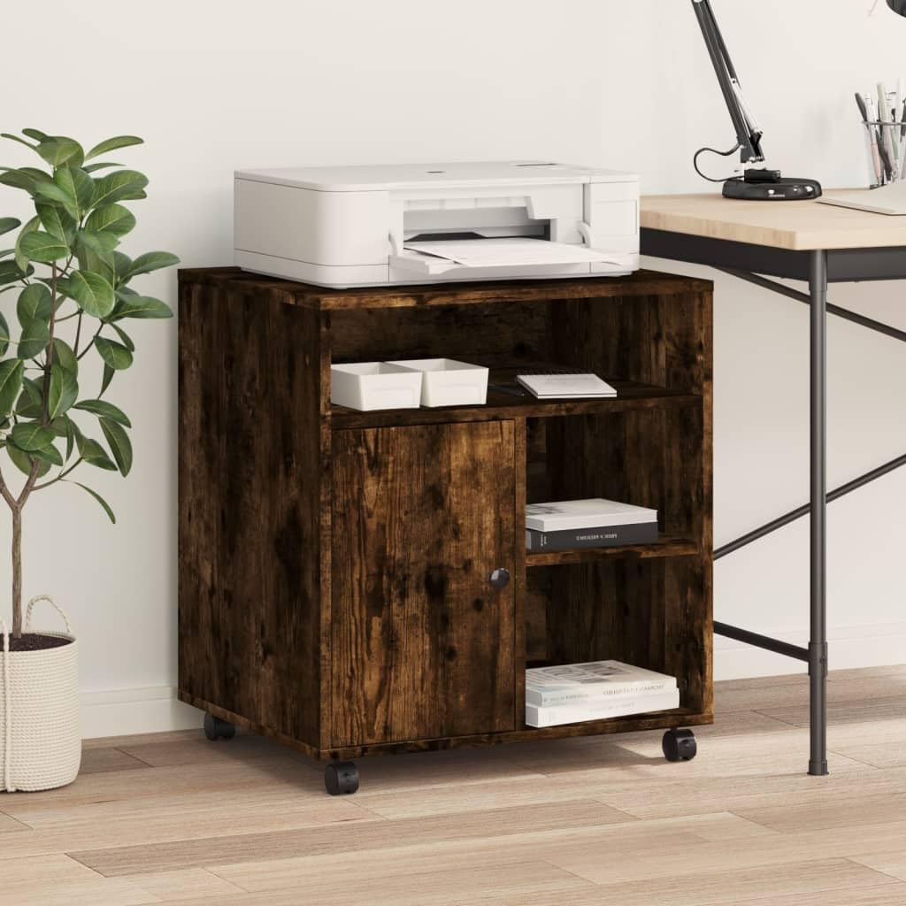 Druckerständer mit Rollen Räuchereiche 60x50x67 cm, Druckerwagen mit Rollen für Büro und Arbeitszimmer, Druckerregal mit viel Stauraum für Akten und Bücher, 2 arretierbare