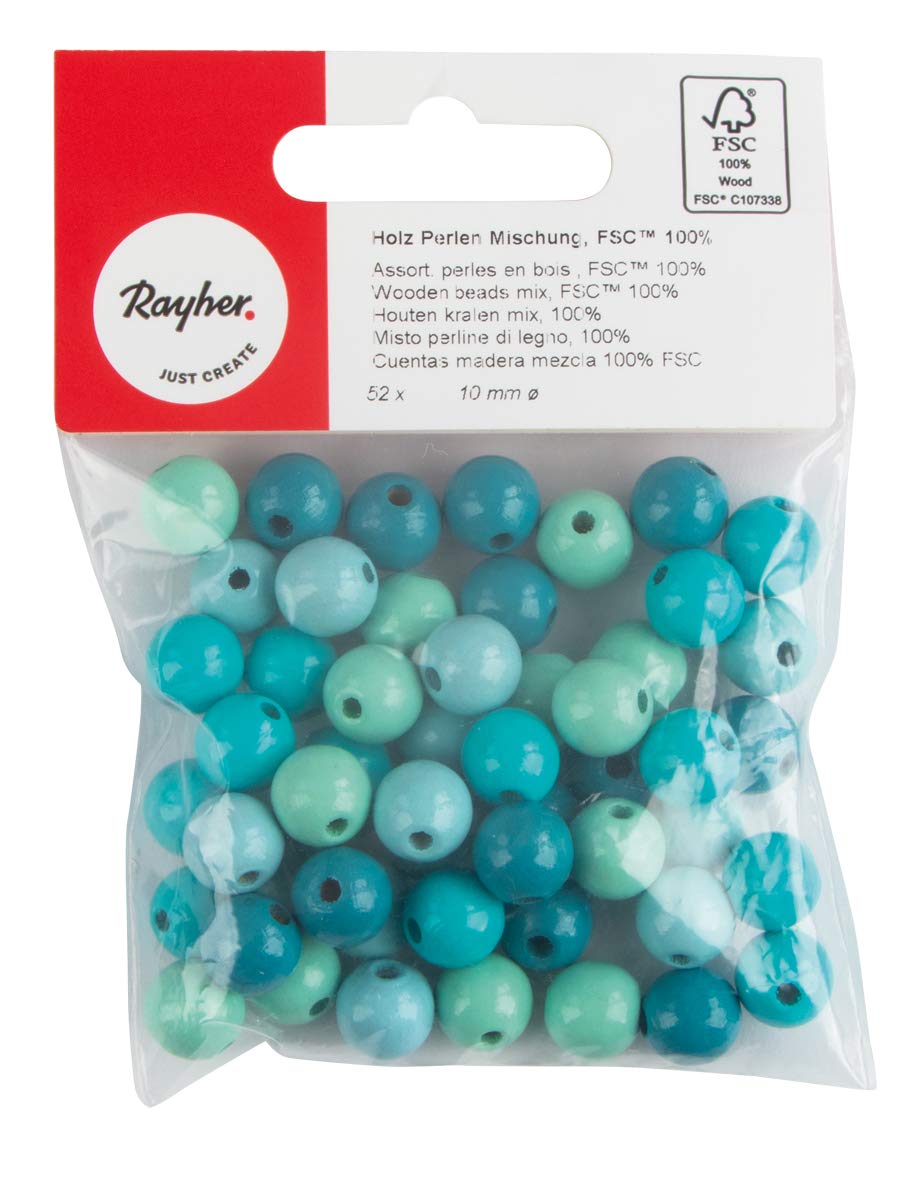 Rayher Assortiment De Perles En Bois, Bleu, 52 Pces, 10mm ø, FSC 100%, Brillant, Art Créatif, Bijoux, Porte-clefs, Attache Tétine De Bébé-1253000, Tons Bleus