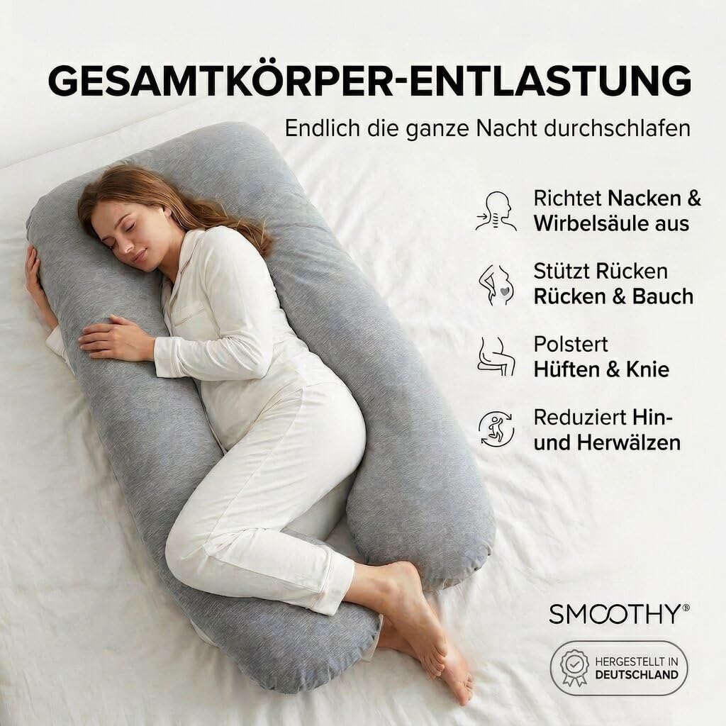 SMOOTHY XXL Schwangerschaftskissen Seitenschläferkissen U-Form 150x80 cm 100% Baumwolle Grau