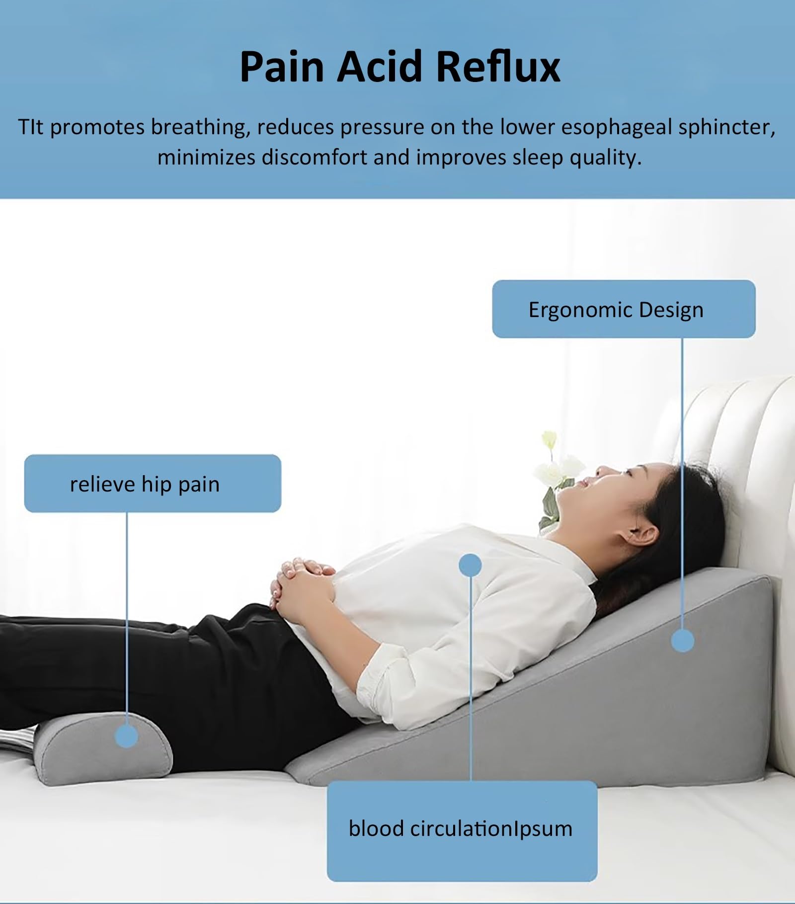 cuña antireflujo adulto Cuña de almohada triangular para cabecera doble, cuña de almohada de esponja de alta densidad con funda de tela, almohada de cuña para aliviar el dolor de espalda, gris(65x90x3