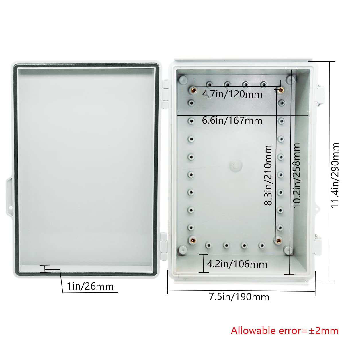 Zulkit Scatola di giunzione in plastica ABS resistente alla polvere impermeabile IP67 Scatole elettriche incernierate Esterno universale Grigio Fibbie in acciaio inossidabile 29 x 19 x 14 cm