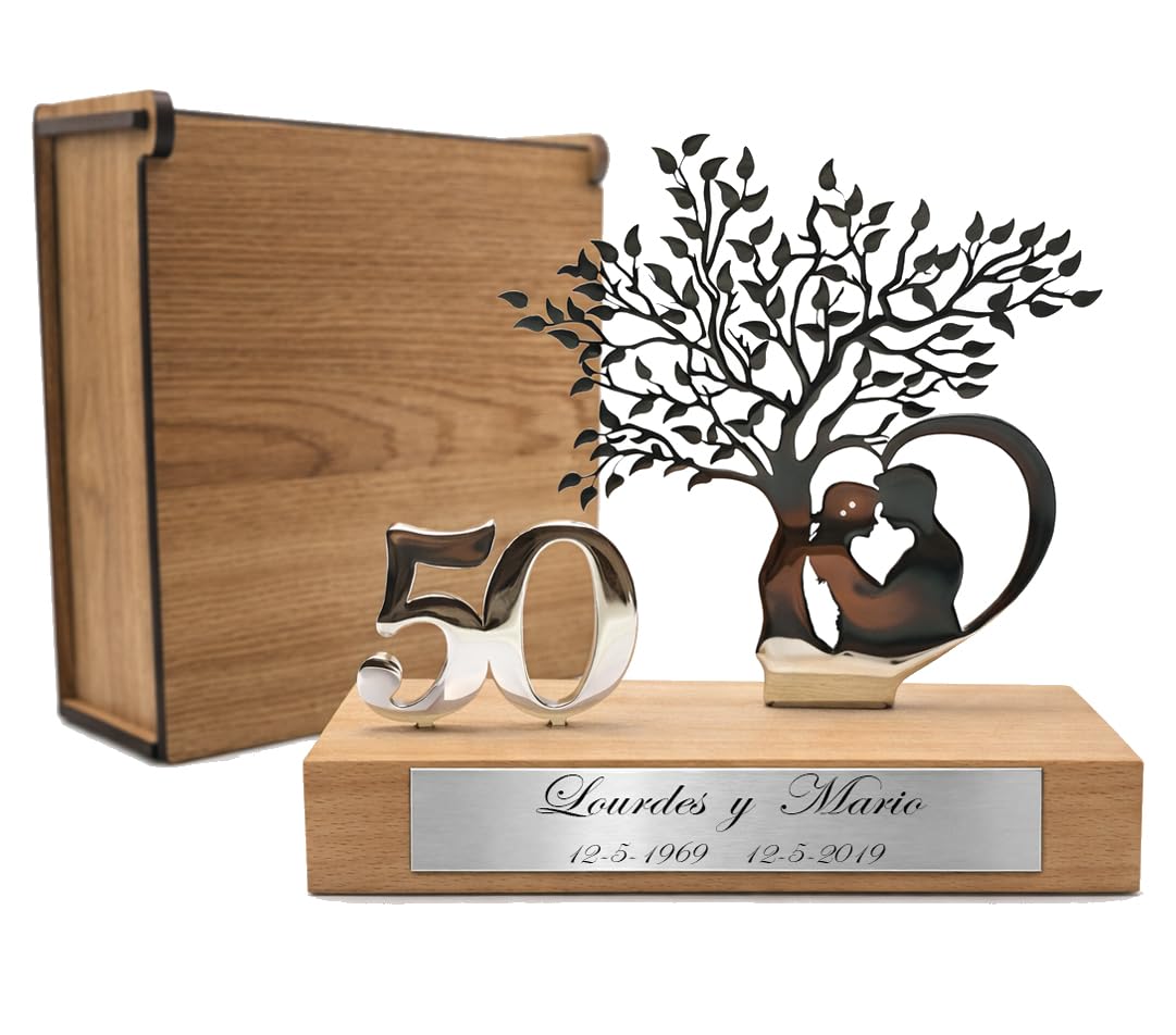 50 Aniversario Bodas Oro -Regalos 25, 50 Aniversario Boda- Figura Decorativa en Acero Inoxidable y Madera de Haya con Estuche de Madera de Lujo- Regalos para Bodas de Oro