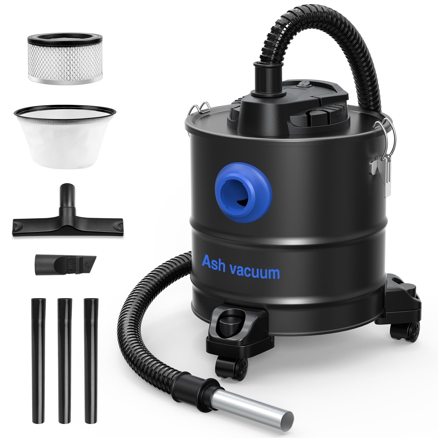 Aspirador de Cenizas para Chimenea, aspiradora Industrial con Sistema de Doble Filtro, 4 Tipos de Cabezales de eliminación de Cenizas, aspiradora, 20 litros de Capacidad, de Acero Inoxidable,