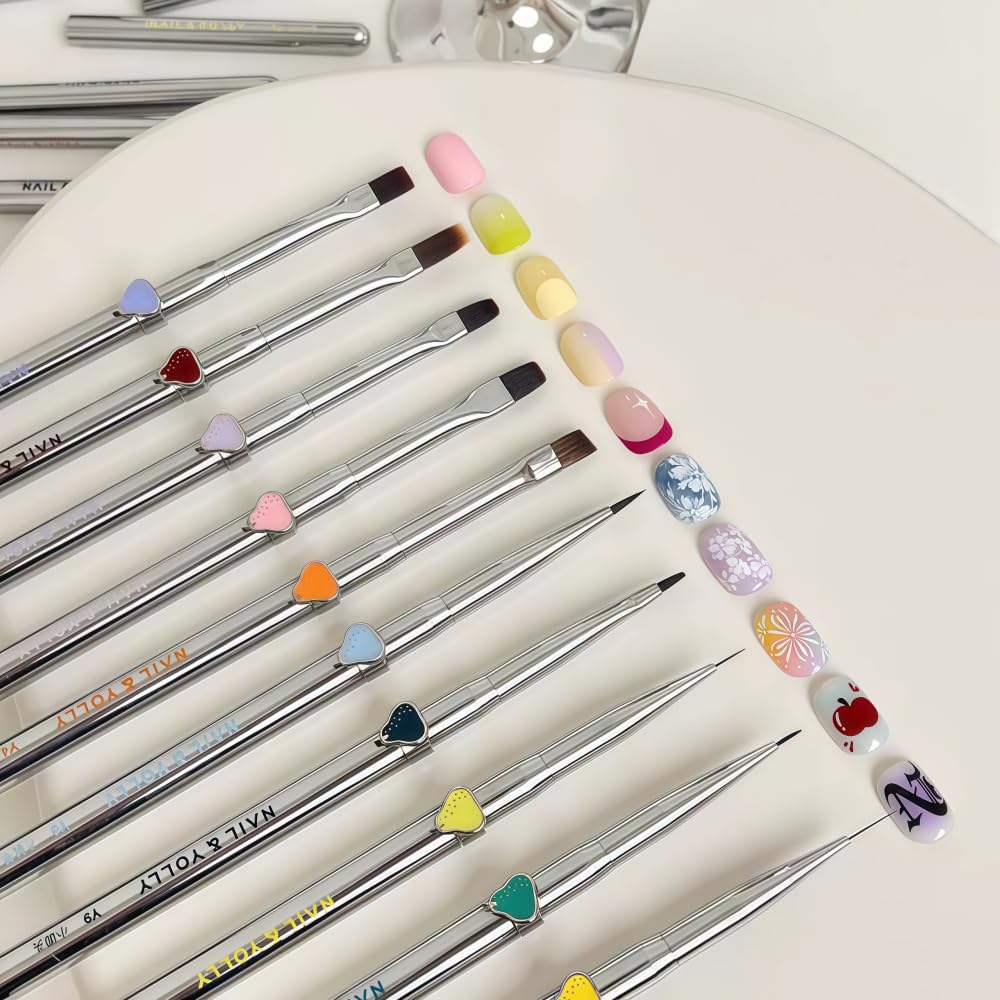 NAIL & YOLLY Magician Nail Art Brush Set, 14 Pieces with Liner, Flat, Round and Fan Tips, Silver Metal Handle, DIY Nail Drawing Tools for Beginners and Artists (Y06)