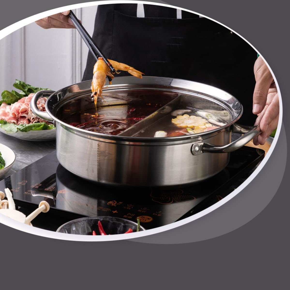 Gadpiparty Stainless Steel Two Flavor Hot Pot with Lid and Divider, Sturdy Shabu Pot with Vacuum Anti-scalding Handle, Tempered Glass Cover, Suitable for Stoves and Household Kitchenware