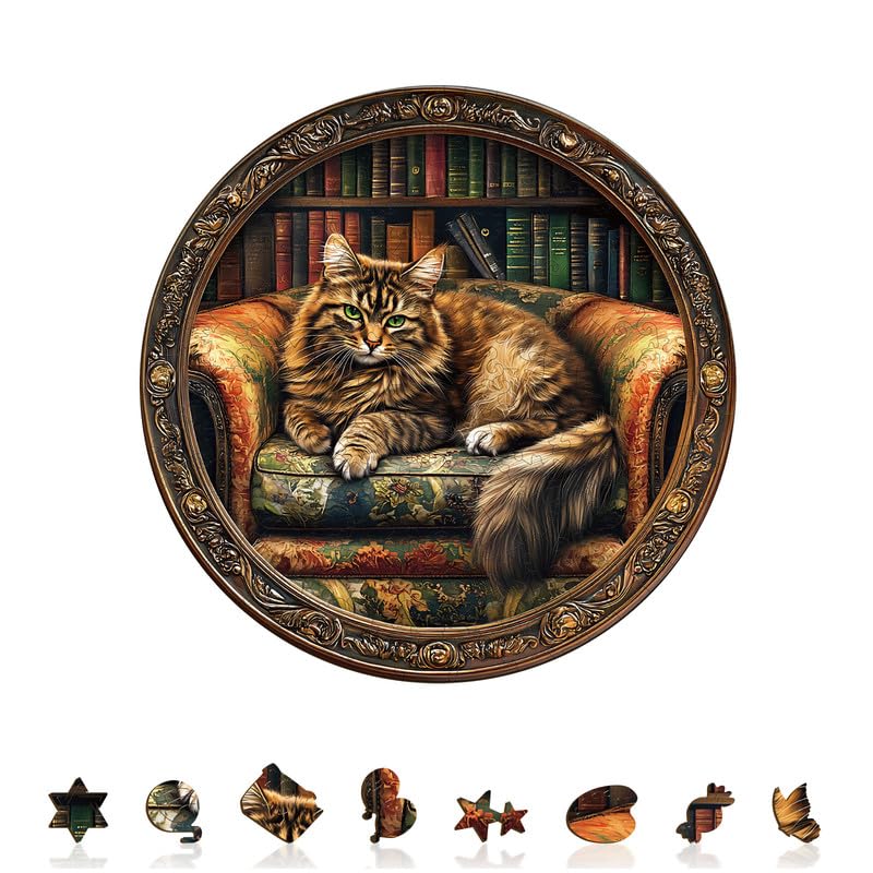 Jigfoxy Library Cat Wooden Puzzles for Adults, 280 Piece Unique Animal Shaped Jigsaw Puzzle, Relaxing Brain Teaser Game, Creative Gift in Premium Box (13.4x13.4in) — image 1