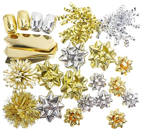 CT CRAFT LLC Gift Bows 22 PCS Set Multi Colored Assorted - Bow x 18 pcs + Kegg Roll x 4 pcs - Silver/Gold, Holiday Christmas Birthday Party Wrapping
