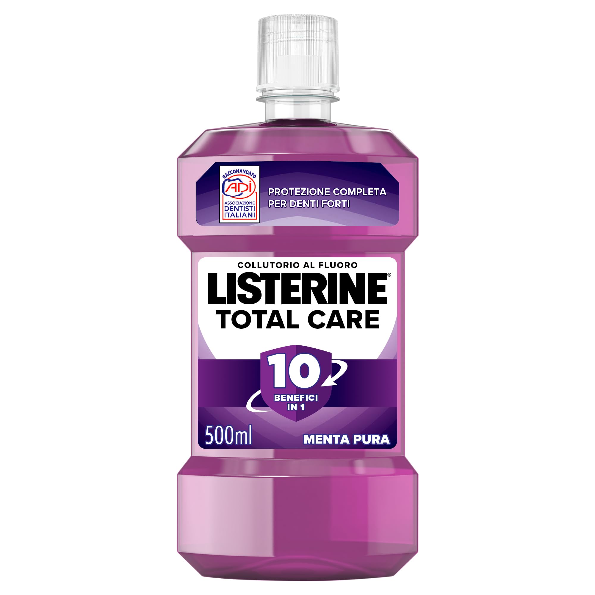 LISTERINE Total Care, Collutorio al gusto di Menta Pura, Collutorio al Fluoro con 10 benefici in 1 per una protezione completa e denti più forti, per un'igiene orale completa, 500 ml