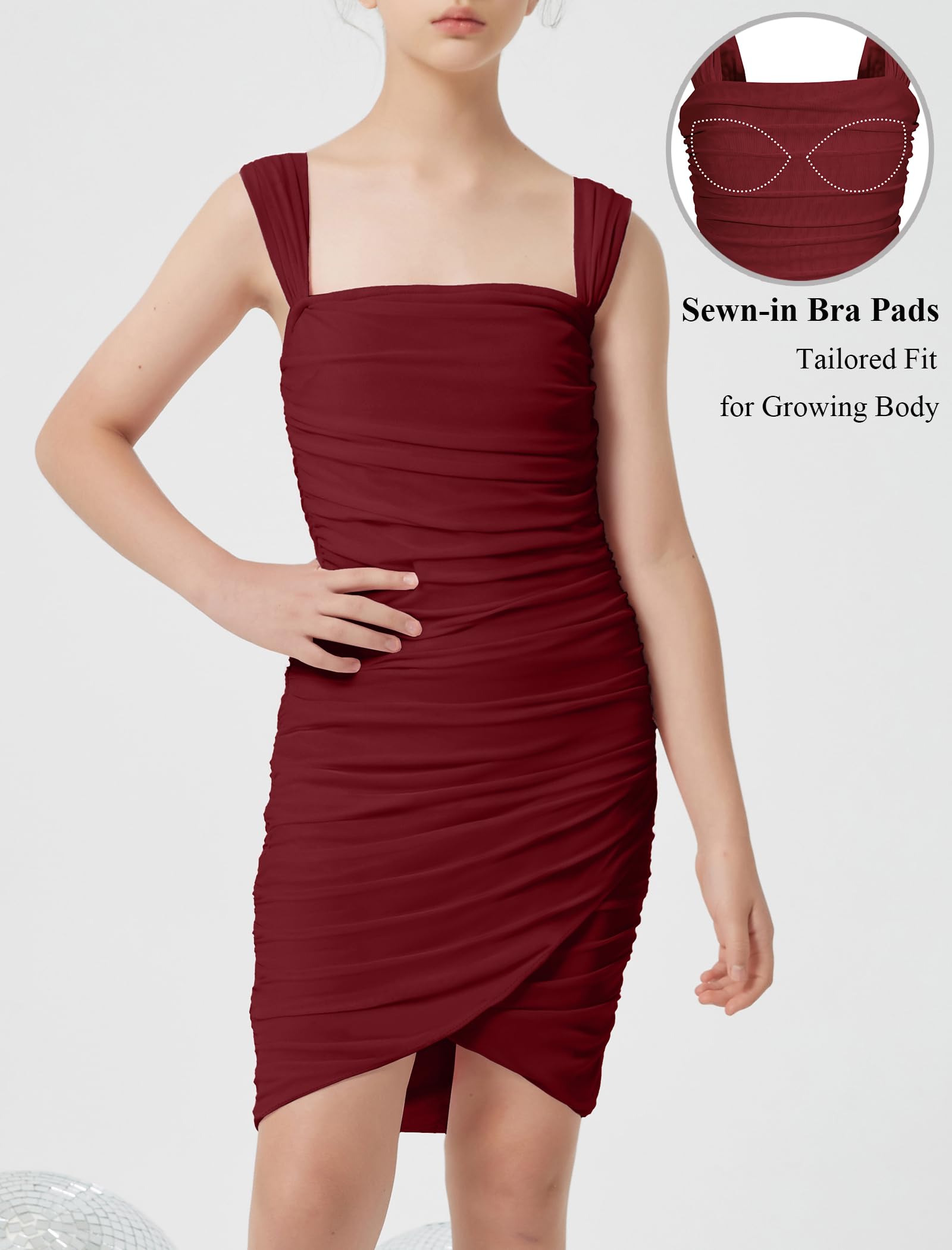EXARUS Vestito aderente increspato per ragazze con reggiseno incorporato Teen Mesh Front Wrap Hem Tween Party Dance Mini abiti a matita stretti