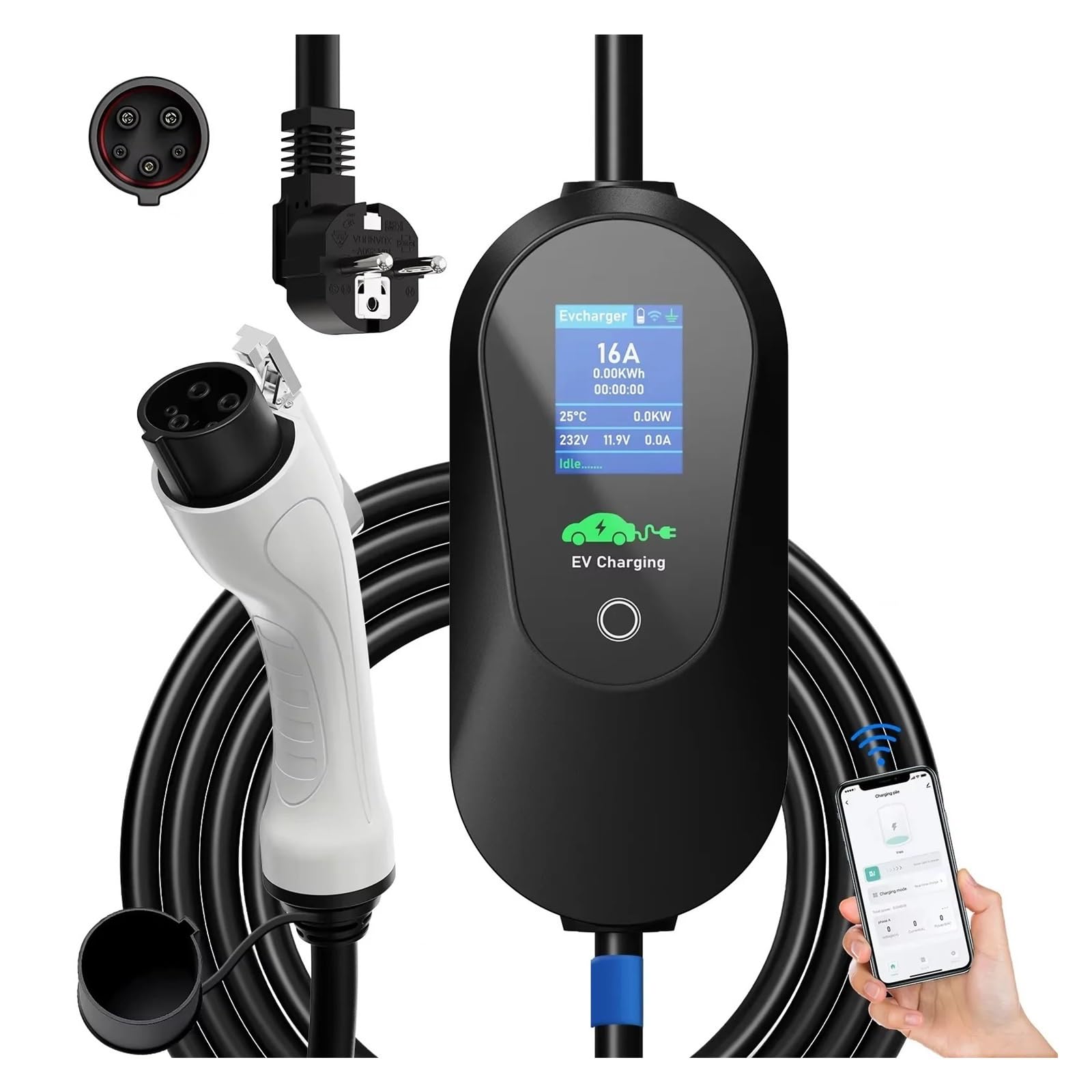 EV充電ケーブル200V普通充電 約6m Amazon | 3.6KW ポータブル EV 充電器 16A Type2 IEC 62196-2 EVSE