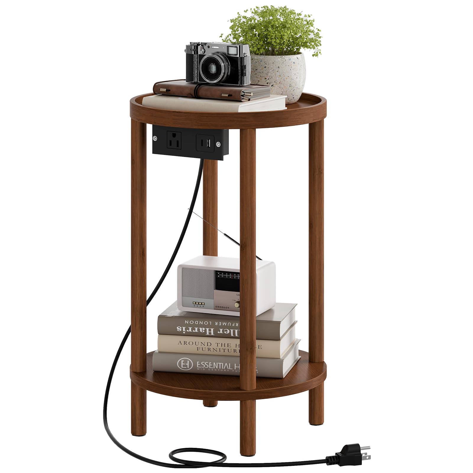 HOOBRO Small Round Side Table with Charging Station, 2-Tier Round Bamboo End Table, Compact Sofa Bedside Table for Small Space, Easy Assembly, for
