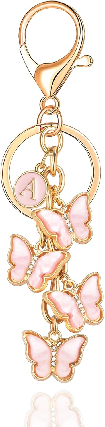 XGALBLA White Pink Black Cute Butterfly Initial Letter Keychain for Women, Butterfly Bag Charms Keyring for Handbags Backpack