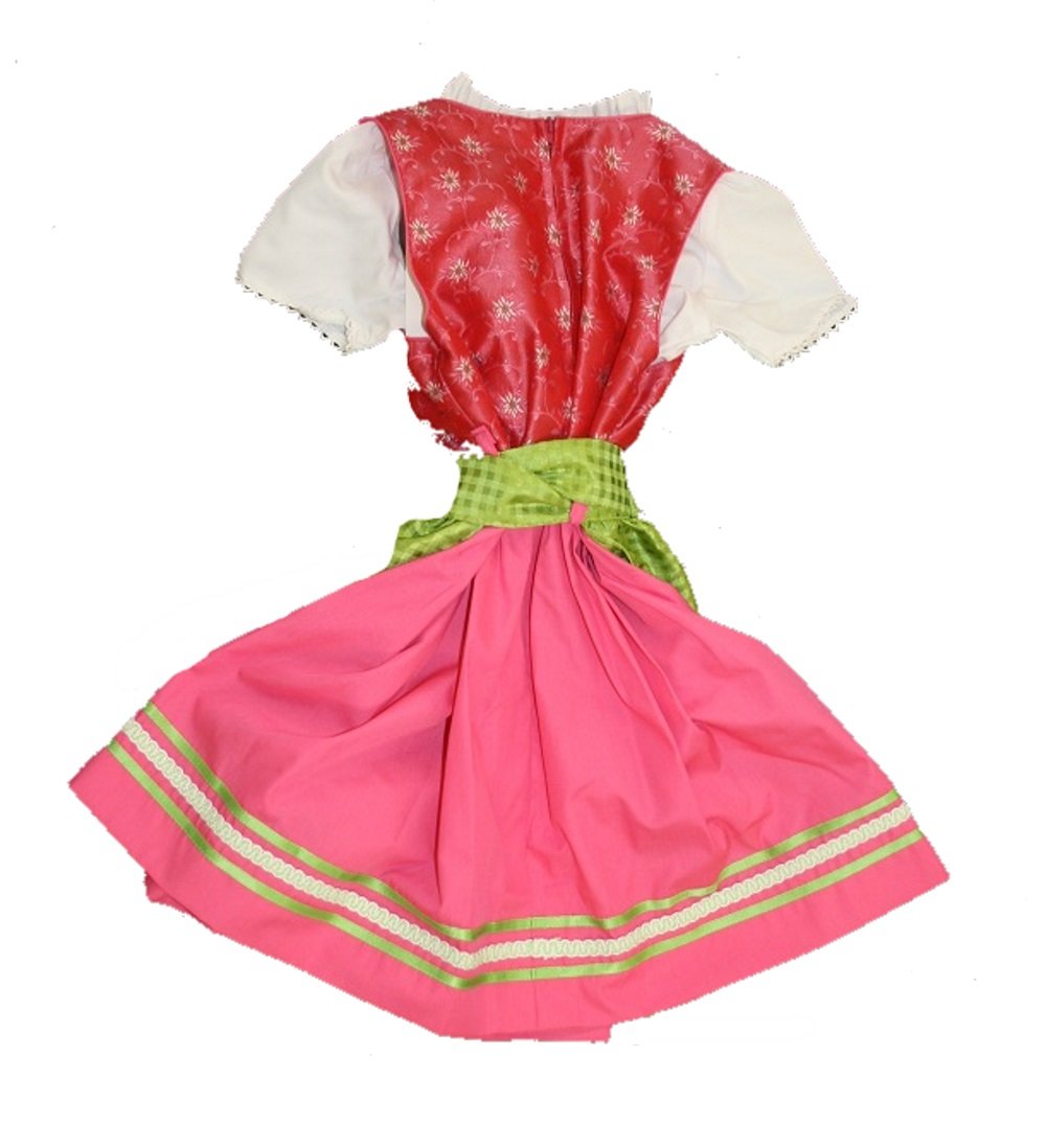 Odświętny dziecięcy Dirndl różowy z bluzką i zielonym fartuchem do stroju ludowego, rozm., Rosa, 128 cm