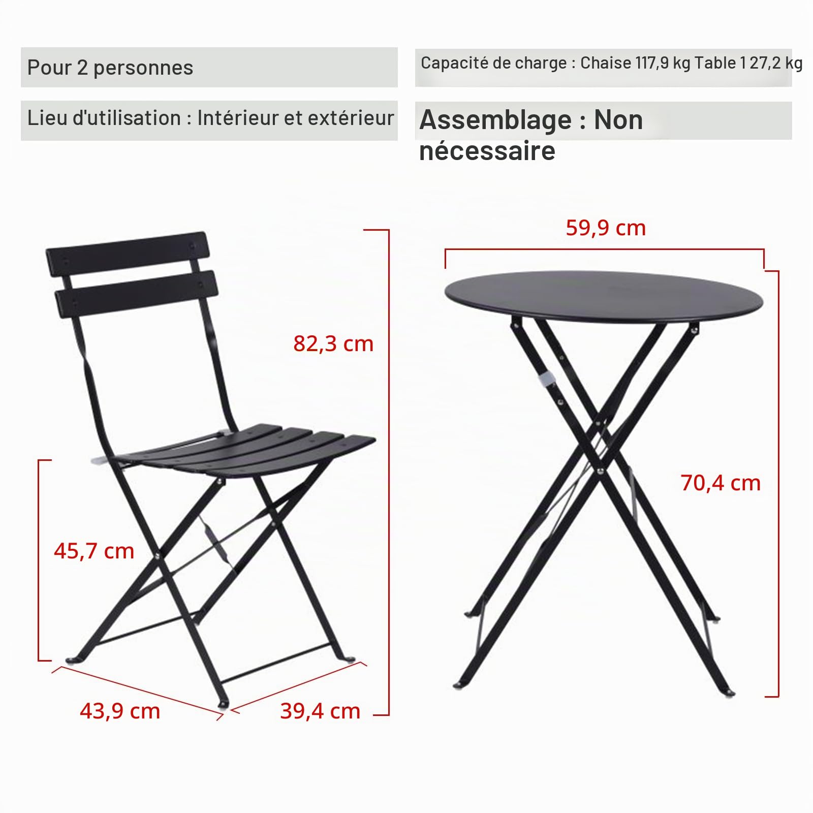 Ensemble bistrot pliable 3 pièces, pour intérieur/extérieur, 2 chaises et 1 table, résistant aux intempéries pour intérieur/extérieur, rouge