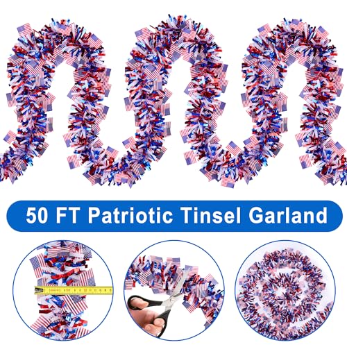 Image of 50FT 4th of July Patriotic Decor Tinsel Garland Decorations, Red White and Blue USA Flag Garlands for Memorial Day Decor Fourth of July Independence Day Indoor Outdoor Yard Home Party Decor Supplies