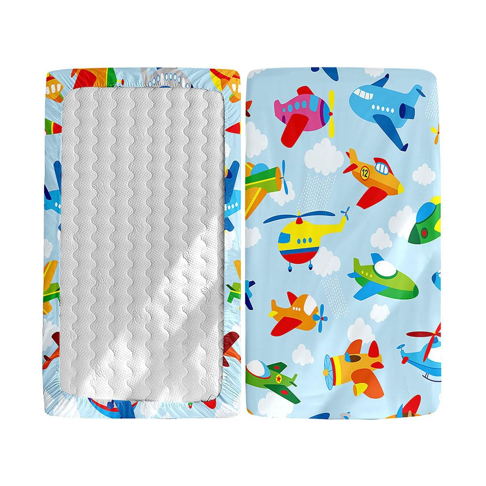 Hiseng 2pcs Microfiber Crib Sheets, Cot Bed Sheets with Cartoon Pattern Cot Fitted Sheets Bassinet Mattress, Soft and Comfortable Toddler Bed Sheets for Boys, Girls (Airplane,51x85cm)
