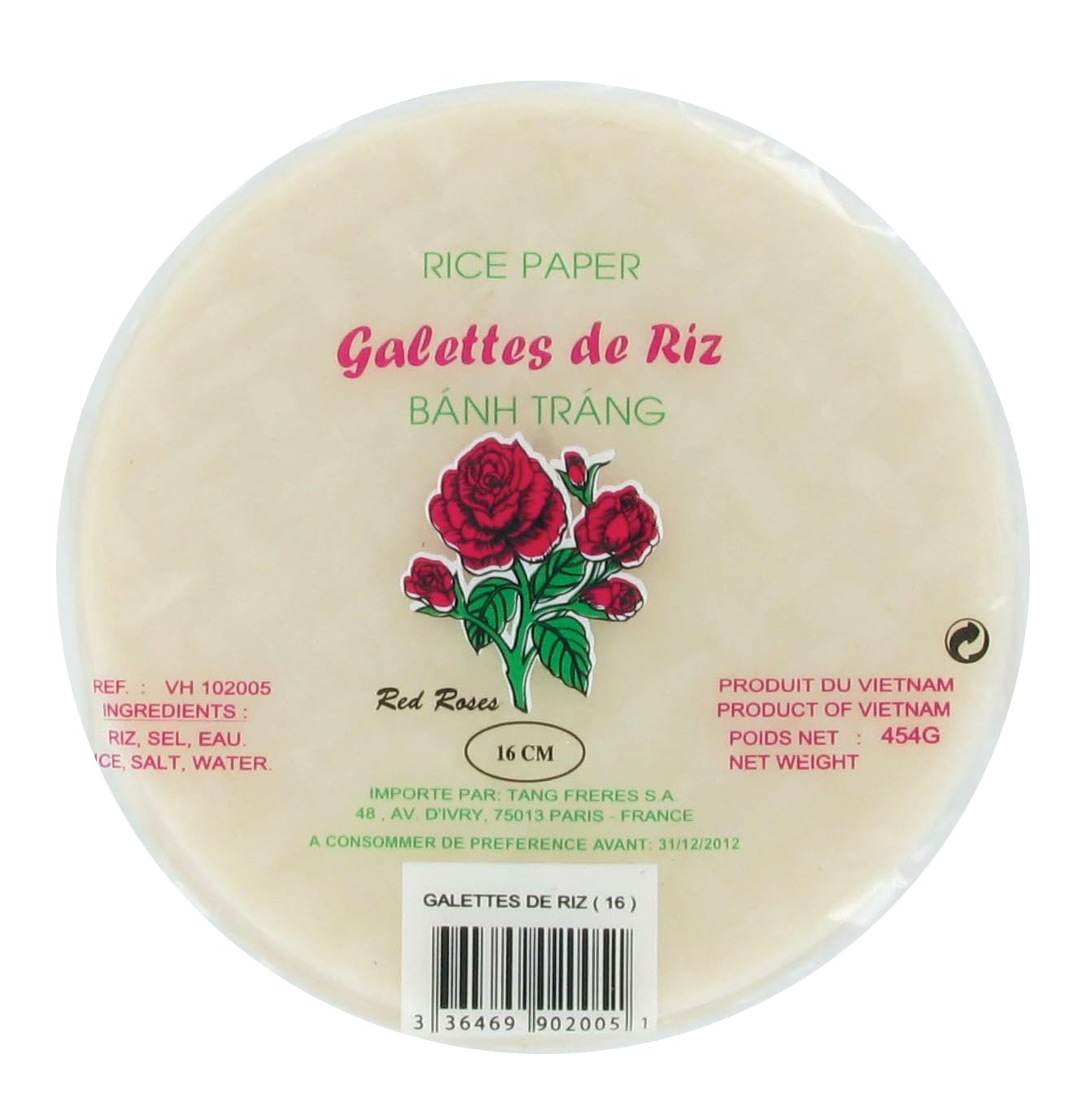 Banh Trang - Durchmesser 16CM - Reisblätter/Vietnamesische runde Reiskuchen - Frühlingsrollen und Frühlingsrollen - Marke Red Roses - 454G
