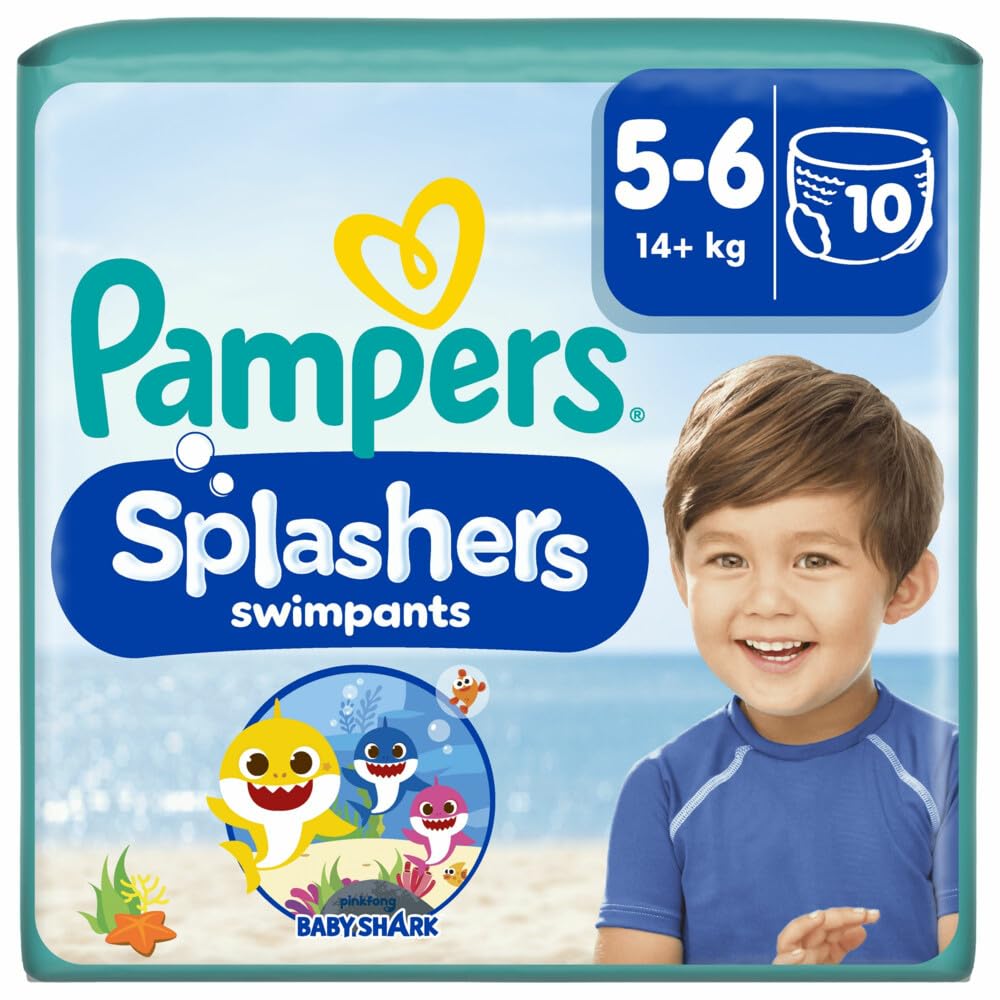 Pampers Windeln Größe 5-6, Splashers Baby Shark Limited Edition, 10 Stück, Einweg-Schwimmwindeln, für sicheren Schutz im Wasser
