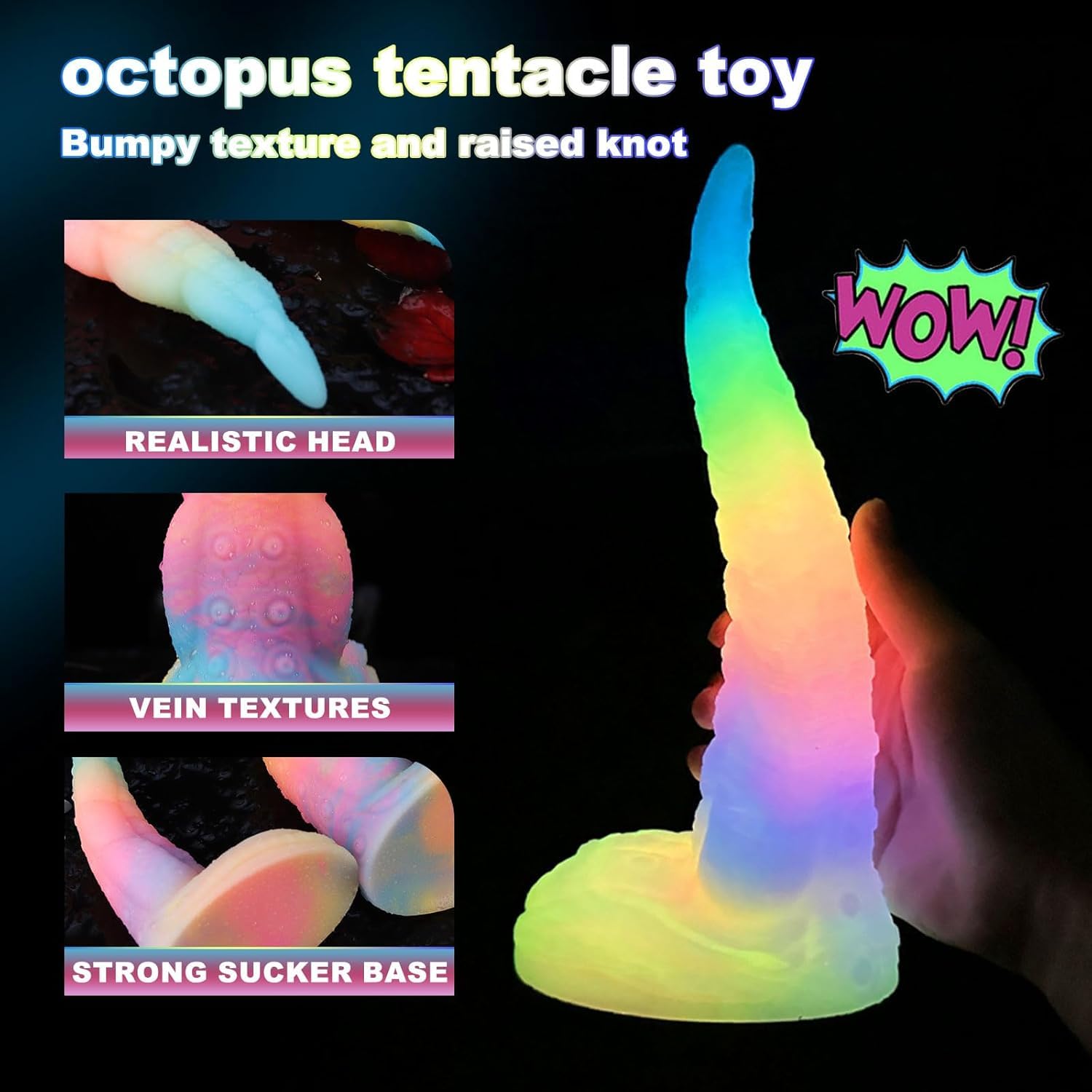 Fantasy Tentacle Dildo with Suction Cup, Soft Silicone Adult Sex Toys, Rainbow Glow in the Dark Dildo for Women, Flexible & Comfortable for Solo Play or Couples Adventure (): Small