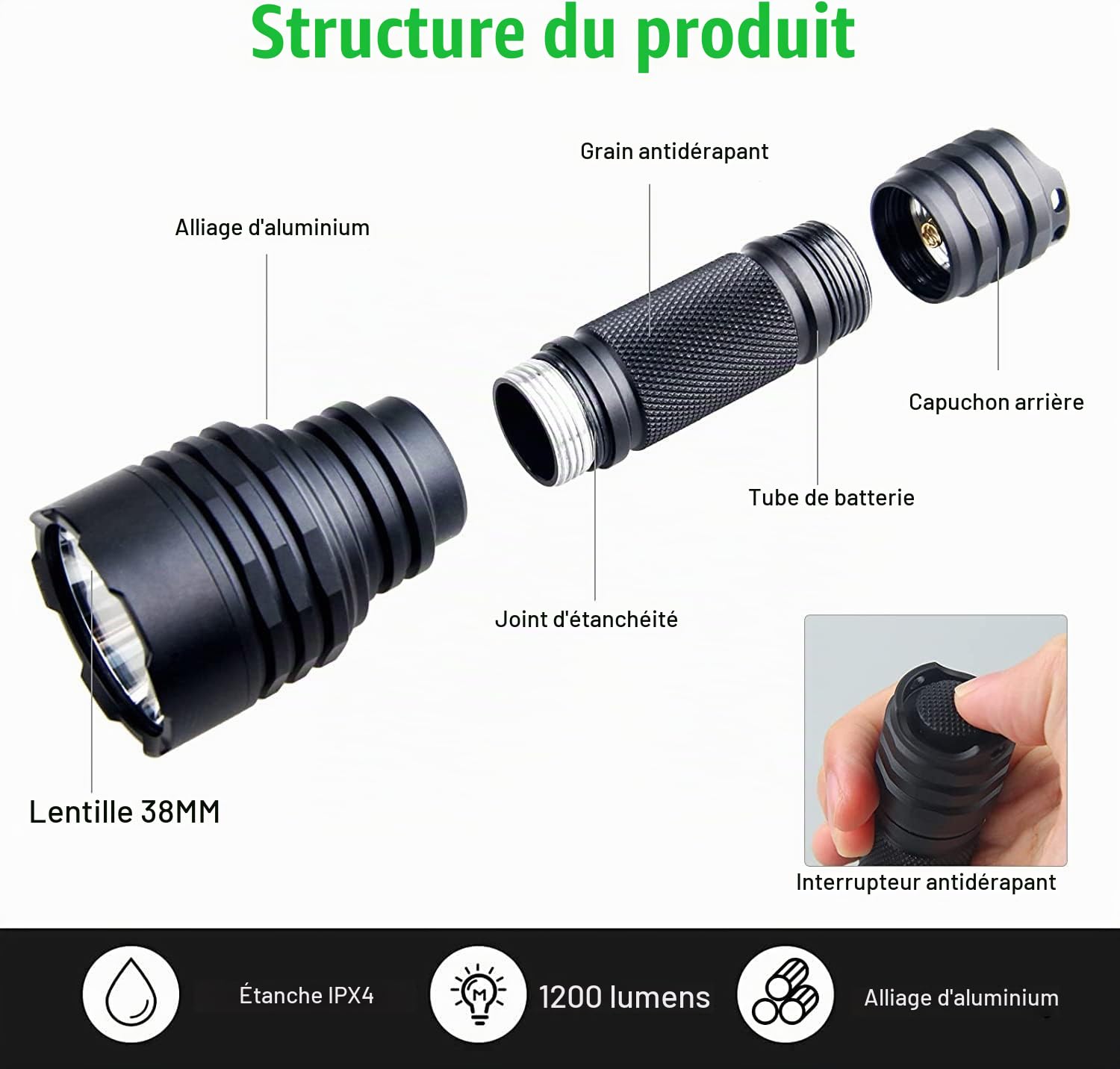 VASTFIRE Puissante Lampe de Chasse verte 1200 Lumens 500 Yards, Lampe de Poche Prédateur Adaptée aux Porcs, Lapins, Coyotes et Chasseurs de Porcs