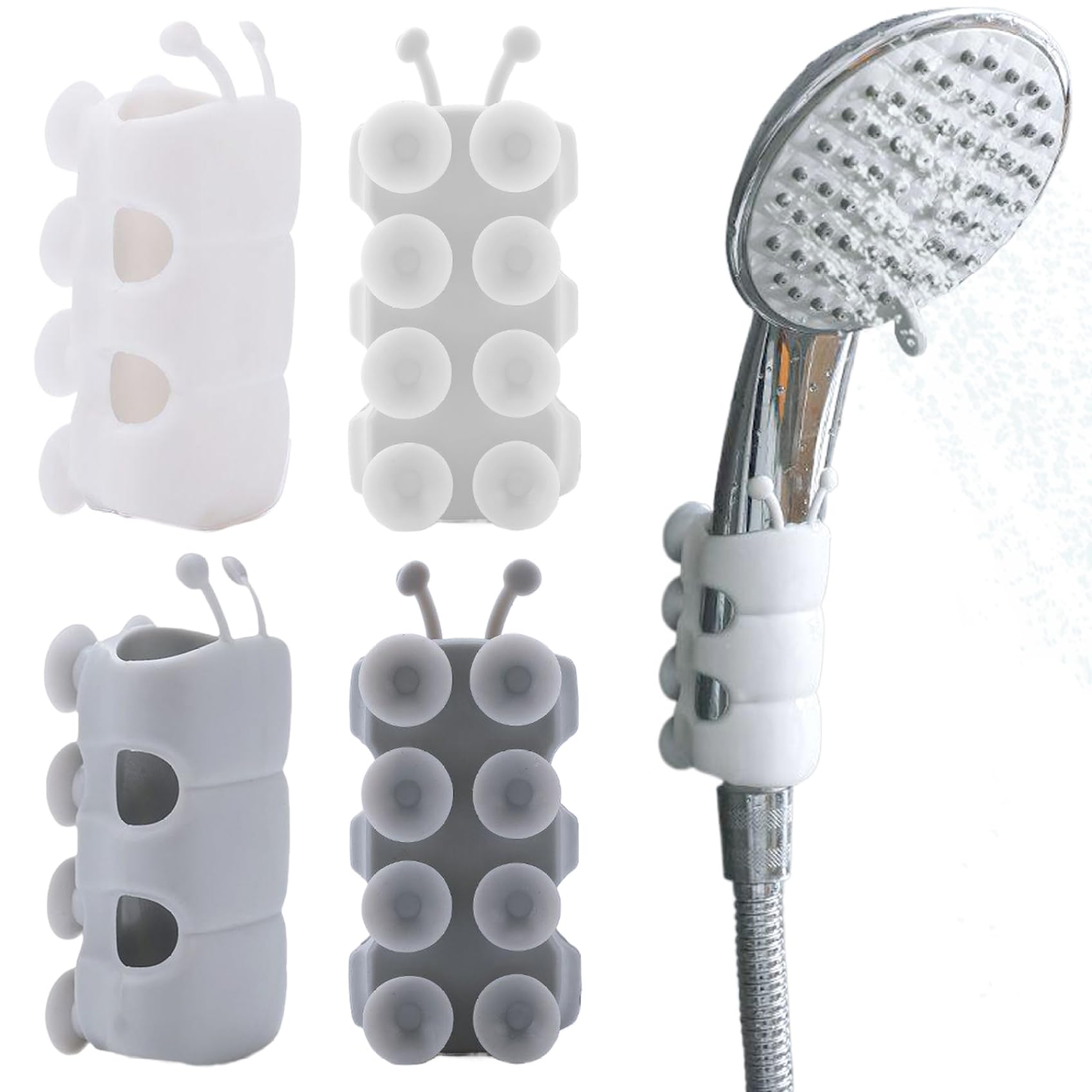 4Pcs Suction Cup Shower Head Holder, Caterpillar-Shaped TPE Shower Head Holder, Waterproof Punch-Free Wand, Washable Reusable Showerhead, 2 White and 2 Grey Wand