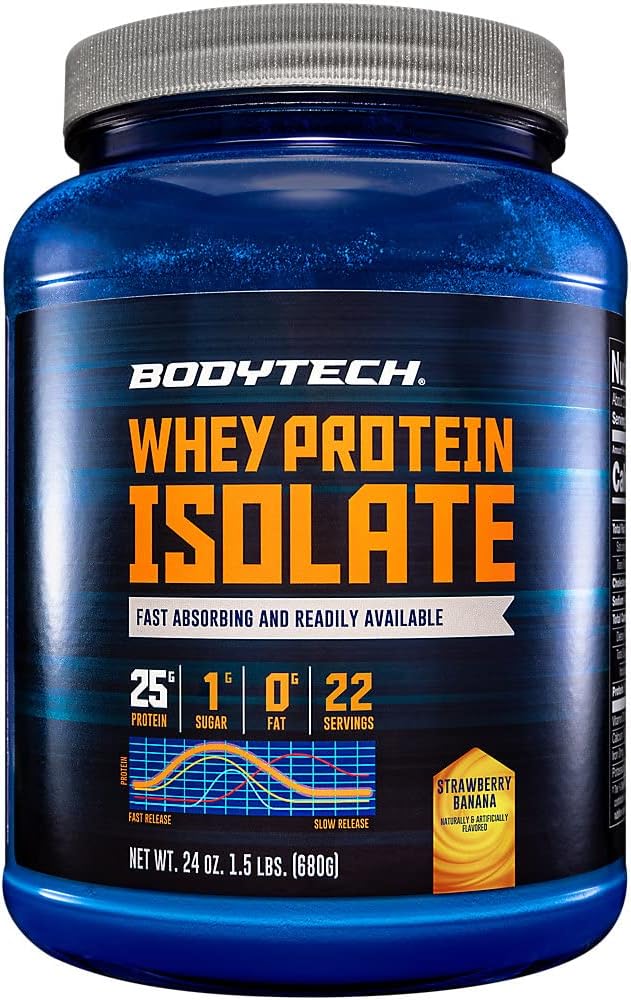 BodyTech Whey Protein Isolate Powder - with 25 Grams of Protein per Serving & BCAA's - Ideal for Post-Workout Muscle Building & Growth, Contains Milk & Soy - Strawberry & Banana (1.5 Pound)