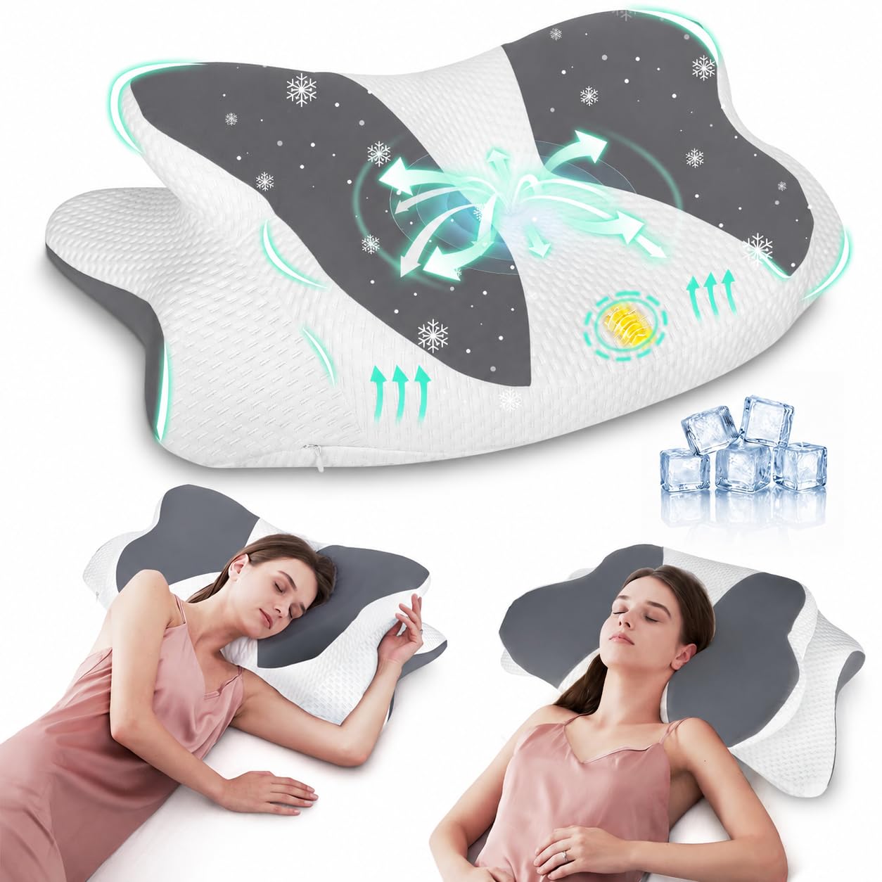 Oreiller Ergonomique Cervical,Oreiller Memoire Forme Papillon Rafraîchissant,Convient dormeurs côté, Dos, Ventre, Housse Amovible Lavable en Machine, Gris Clair