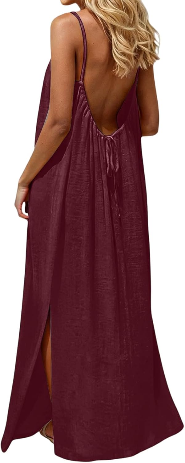 Cami Dresses for Women Sleeveless Cami Lounge Dress Backless Summer Split Dress Beach Maxi Sundresses with Back Tie - Image 6