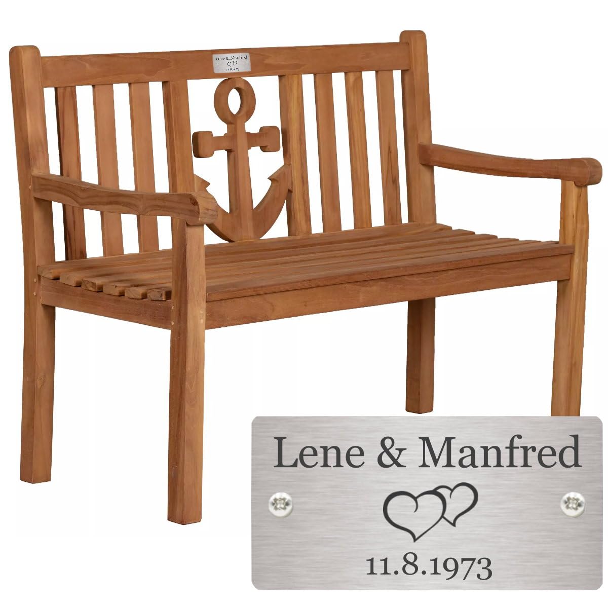Goldene Hochzeit Bank mit Gravur-Schild zB Herzen (Namen), Gartenbank Anker 120cm Teakholz, Edelstahlschild personalisiert Geschenk-Idee 50. Hochzeitstag
