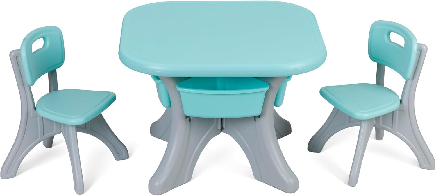 SUPER DEAL Kids Table and Chairs Set 3 Piece Plastic Children Activity Table with 4 Detachable Toy Storage Bins for Arts, Crafts, Snack Time and More, Safety Round Corners, Green