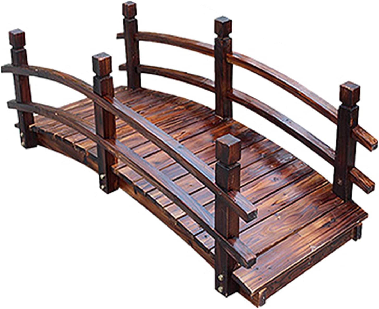 5FT Wooden Garden Bridge with Double Safety Railings, Outdoor Pond Bridge Walkway Large, Miniature Bridge for Landscapes, Lawn Décor, Water Yard Decoration, Carbonized Color