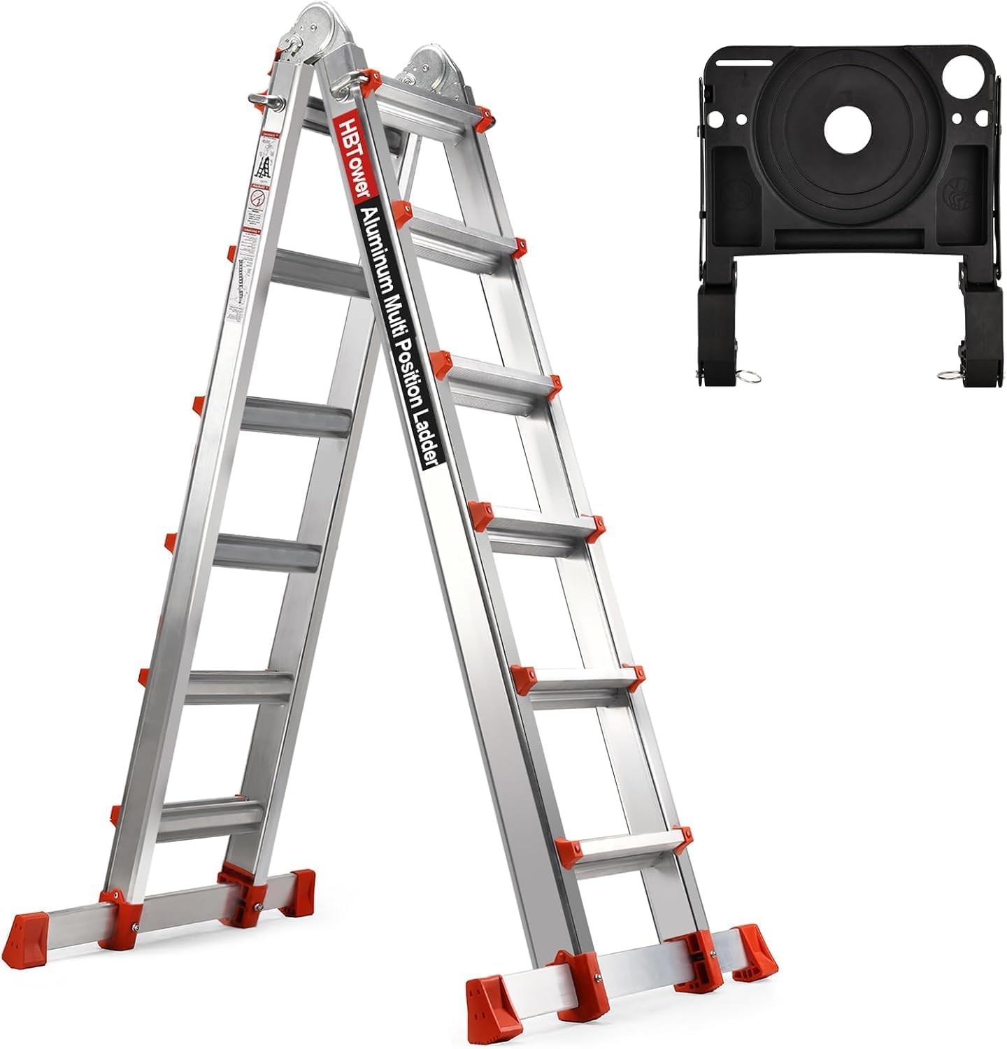 HBTower A Frame 6 Step Extension Ladder, 22 Ft Multi Position Ladder with Removable Tool Tray and Stabilizer Bar, 330 lbs Capacity Telescoping La dder for Household and Outdoor Work (Orange, 22FT)