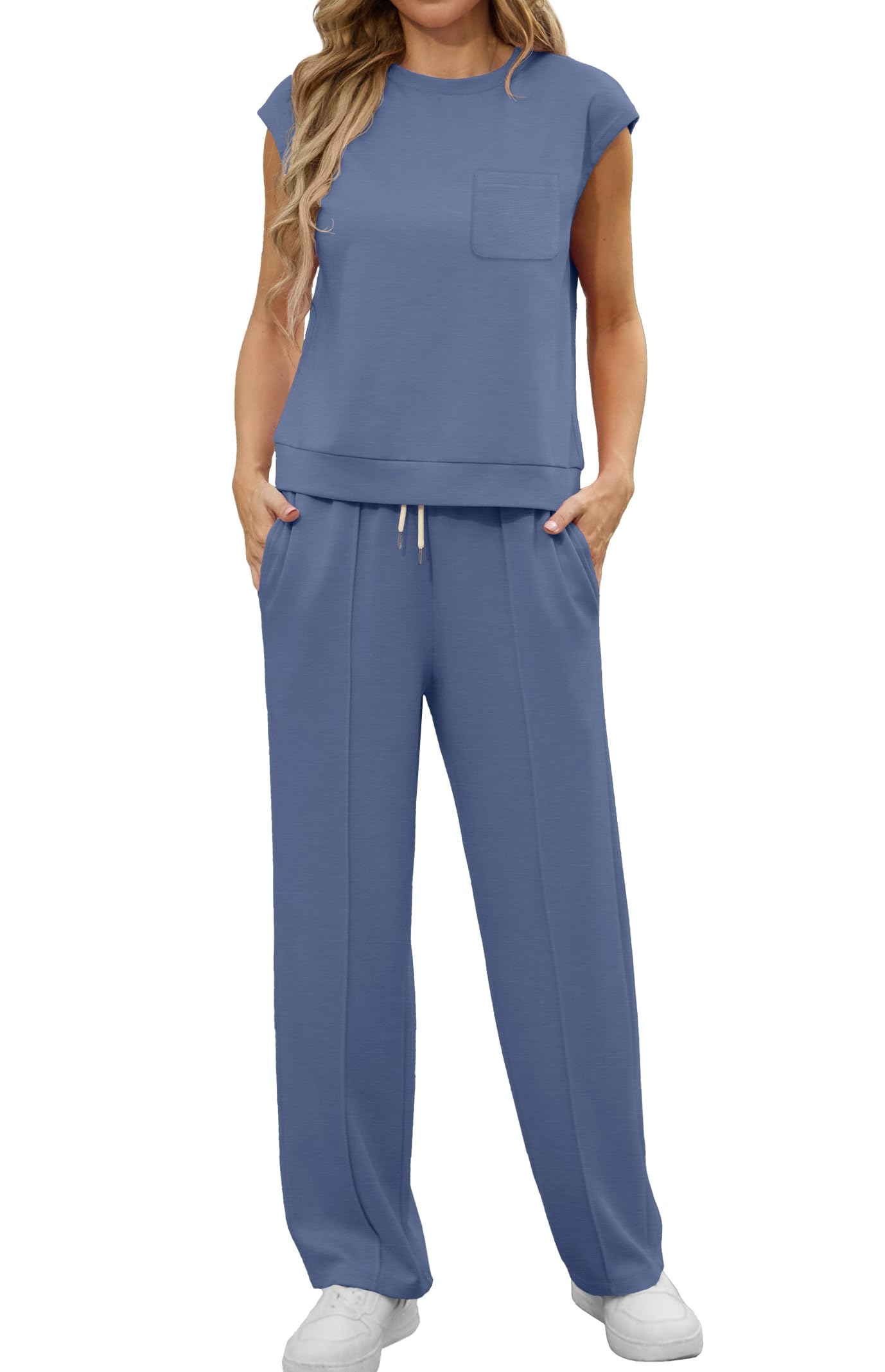 GRECERELLE Zweiteiler Trainingsanzug Damen Sommer Outfits Tracksuit Kurzarm Lässige Crew Neck Cap Sleeve Tops und Jogginghosen Trainingsanzüge mit Taschen