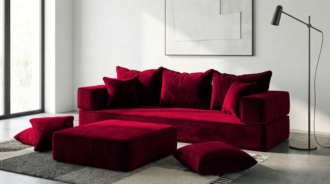 Majlis Floor Sofa Set, Red Velvet Upholstery, Low Seating Sofa with Ottoman and Cushions, Arabic Style Living Room Furniture