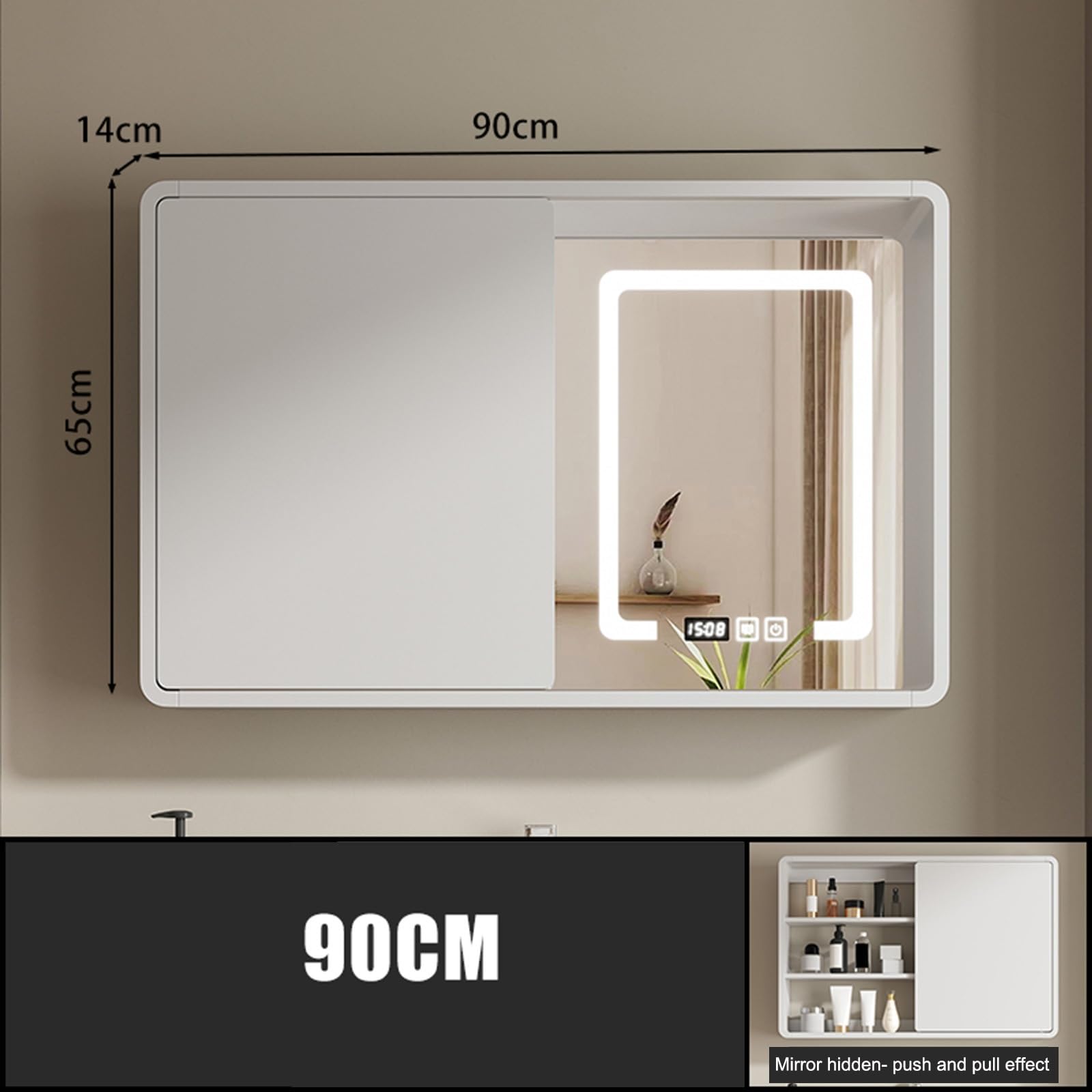 Armario espejo baño con luz,Specchio contenitore bagno,Smart mobile specchio bagno con LED luce,Armadietto da bagno sospeso,con interruttore tattile e funzione nebbia,con 3 Ripiani(Light brown,90X14X6