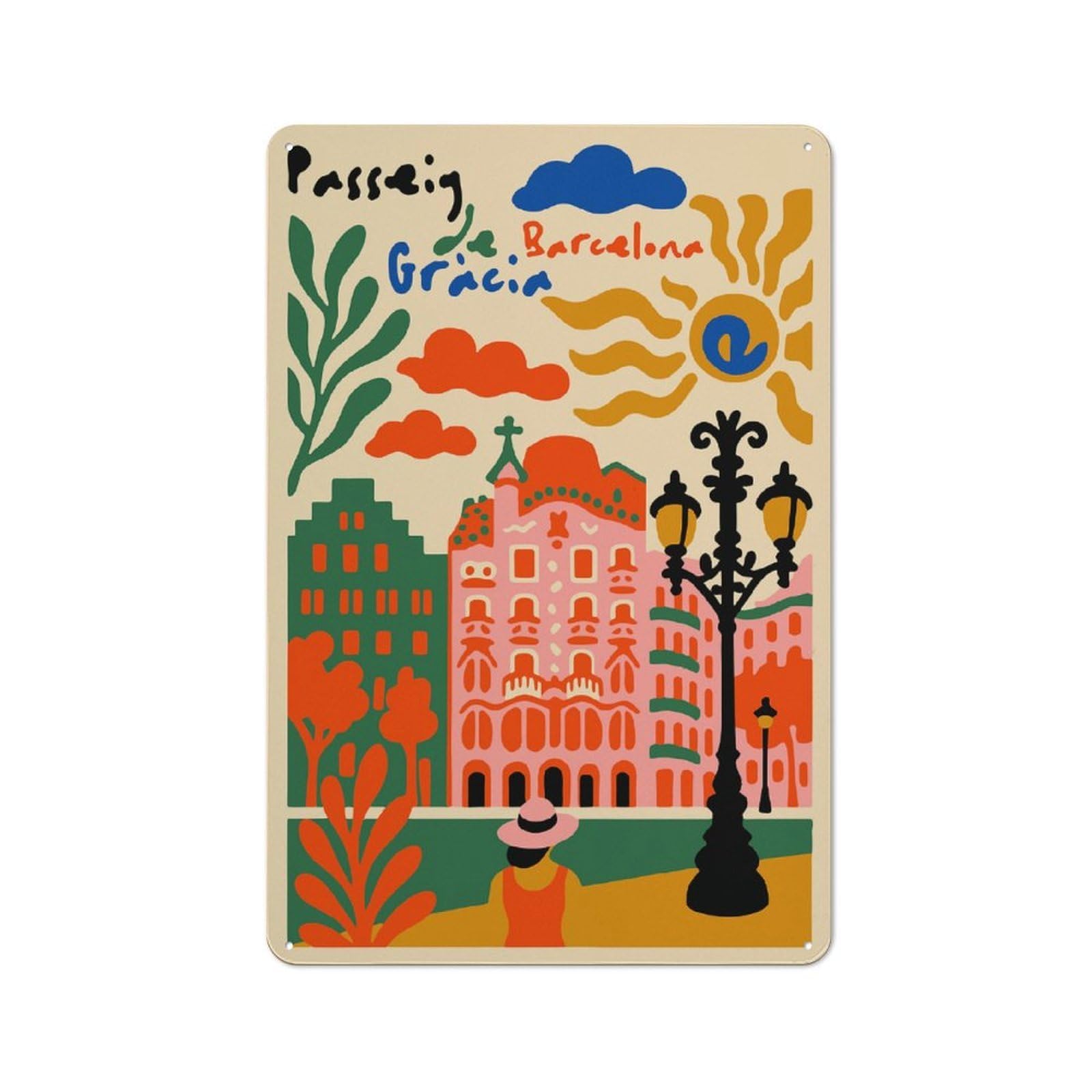Junmoney Style-22 Passeig De Gràcia, Barcelona Illustration Rustic Tin Sign 30X20cm For Home Office Or Studio, For Vintage Wall Decor Fans, For Home Office And Studio Walls