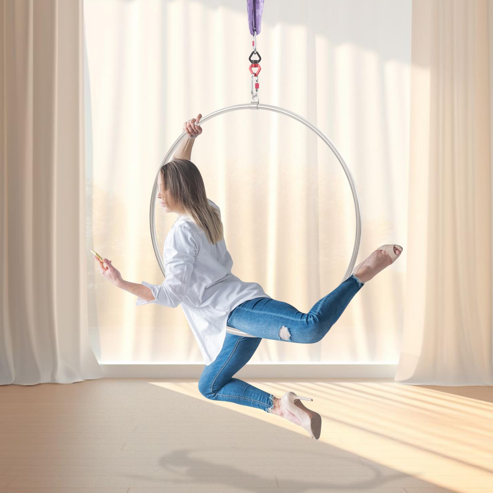 Aerial Hoop Set 95cm mit Zubehör – Luftring für Ganzkörpertraining und Luftakrobatik, Edelstahl, Silber & Lila, geeignet für Fitnessstudio, Zuhause, Artistik für Erwachsene und Jugendliche