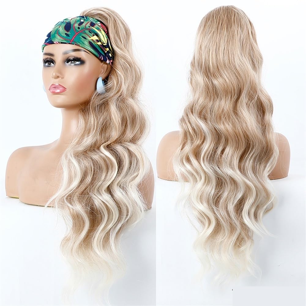 Pferdeschwanz, 28" lange synthetische Pferdeschwanzverlängerung mit Kordelzug und Clip for Einstecken, nass und gewellt(Light brownish gold)