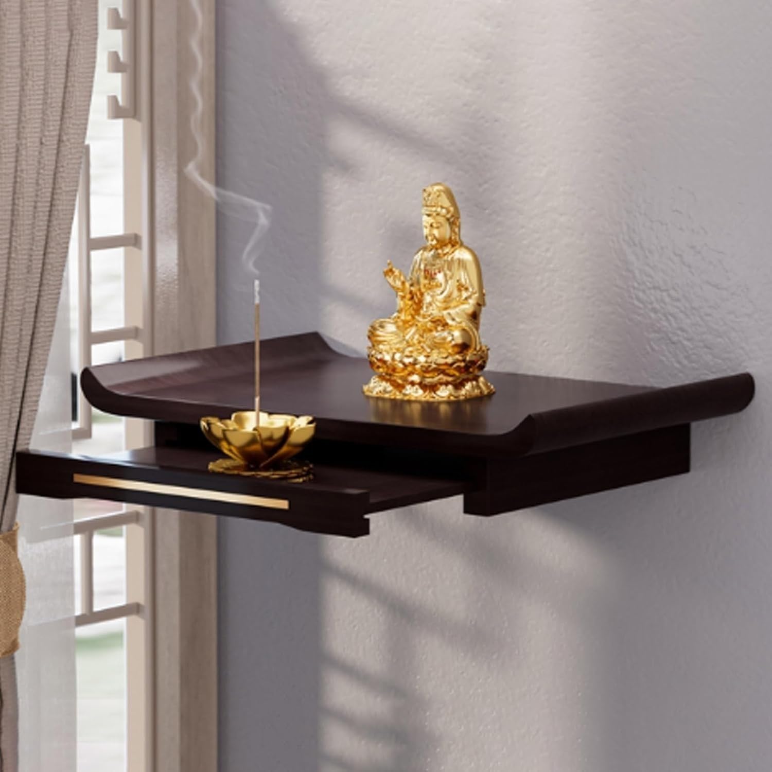 Étagère murale d'autel de Bouddha marron 58x25cm avec tiroirs
