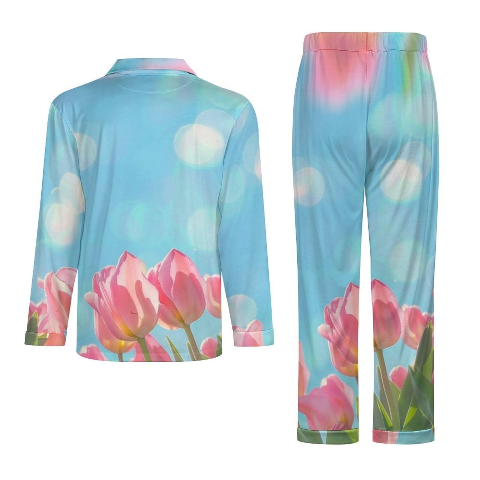 Pigiama da Uomo in Campi di Tulipani Rosa, Due Pezzi Set Completo con Camicia a Maniche Lunghe Bottoni e Pantaloni con Tasche Abbigliamento Casa Blu
