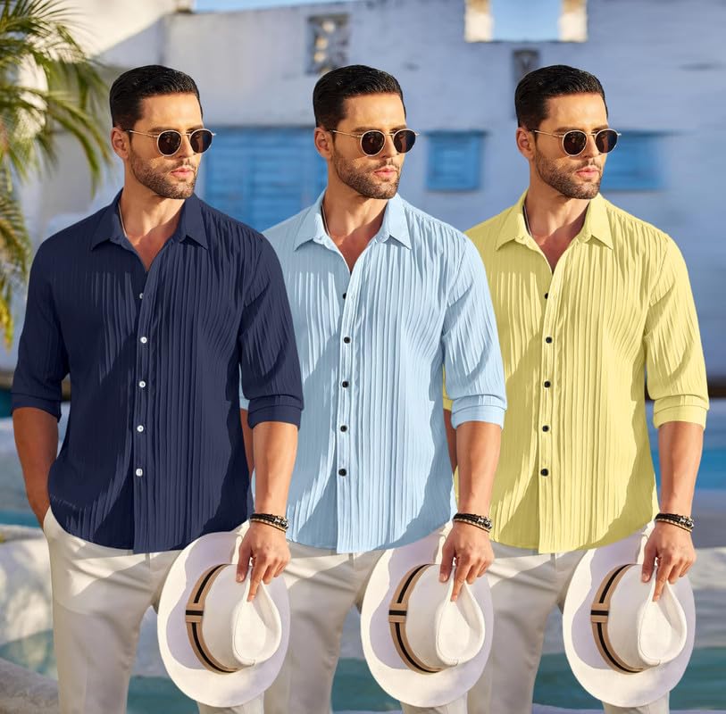 Image of FINIVO FASHION Combo of Men's Casual Cotton Plain Button Down Shirt Long Sleeve Textured Summer Beach Shirt for Men Pack of 3