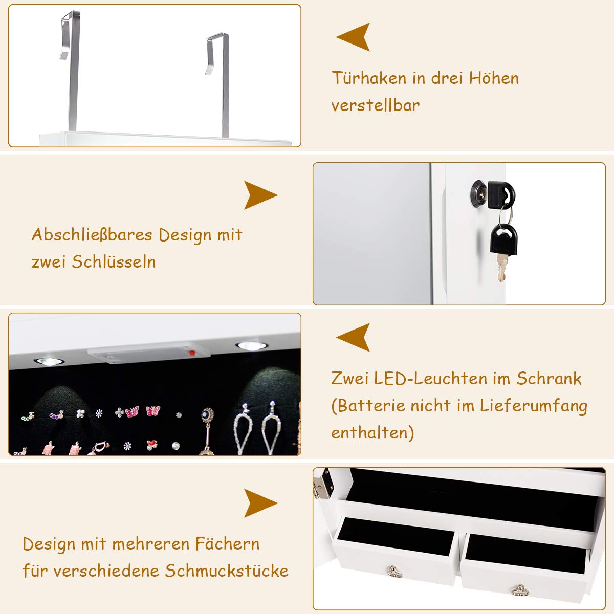 GOPLUS Schmuckschrank, Spiegelschrank, Schmuckregal hängend mit Spiegel, mit LED Beleuchtung, Farbewahl, für Ringe, Ohrringe, Halsketten, Armbänder (Weiß)