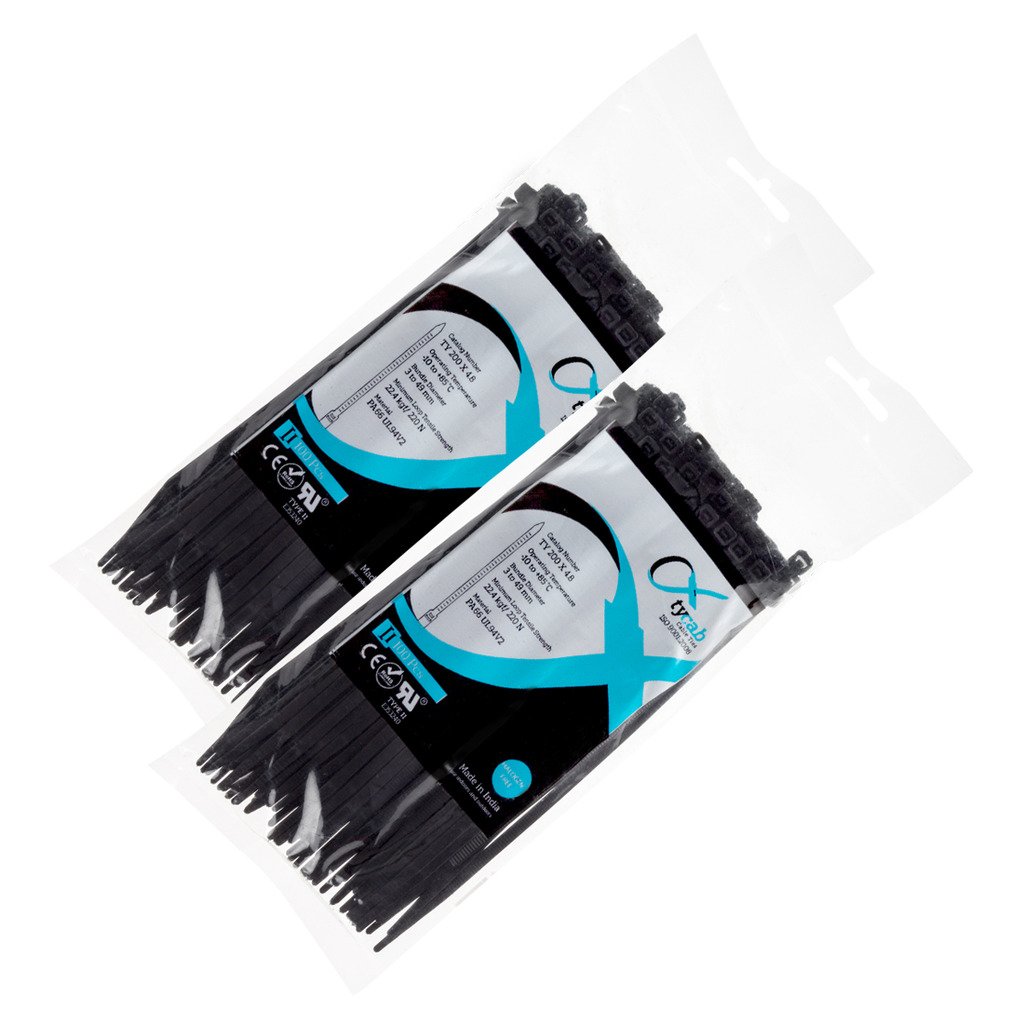tycab 8 inch black heavy duty (200 mm x 4.8 mm) - 2 packs of 100 cable ties
