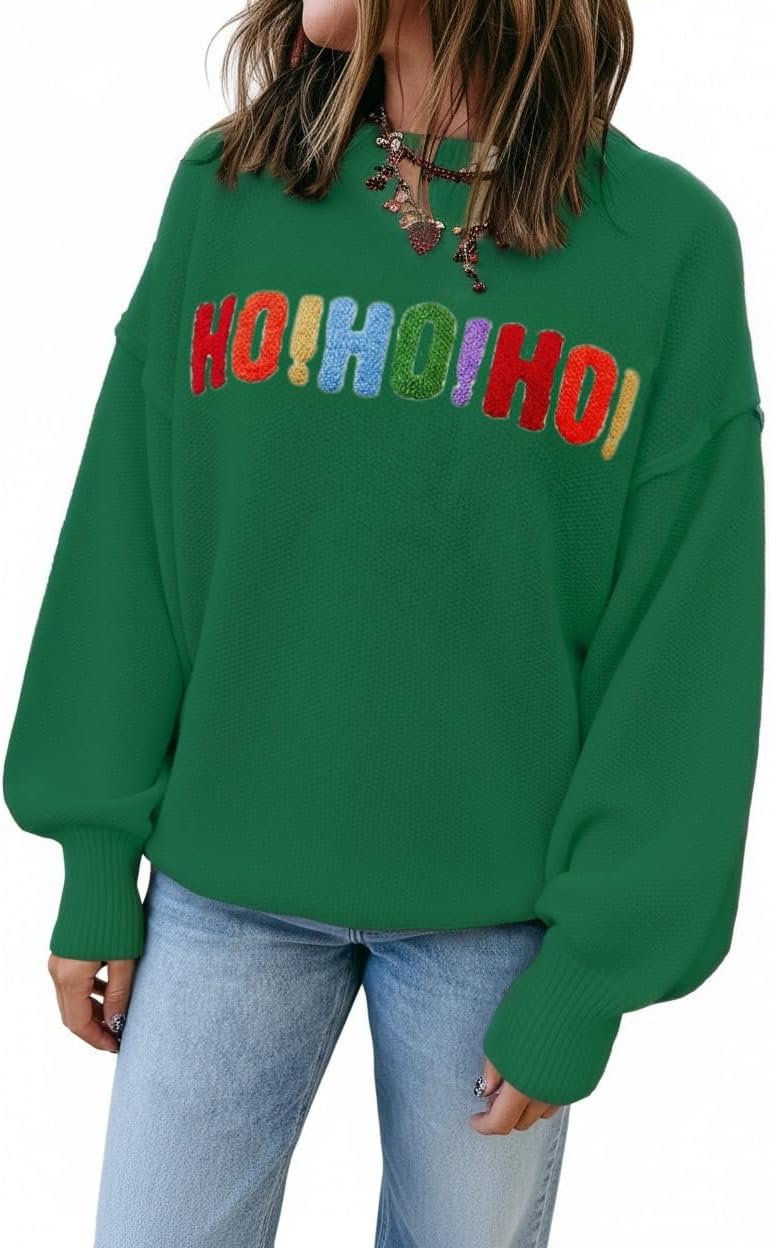 KevaMolly Womens Long Sleeve Sweaters HOHOHO Merry Christmas Drop Shoulder Casual Chenille Graphic Holiday Pullover Tops