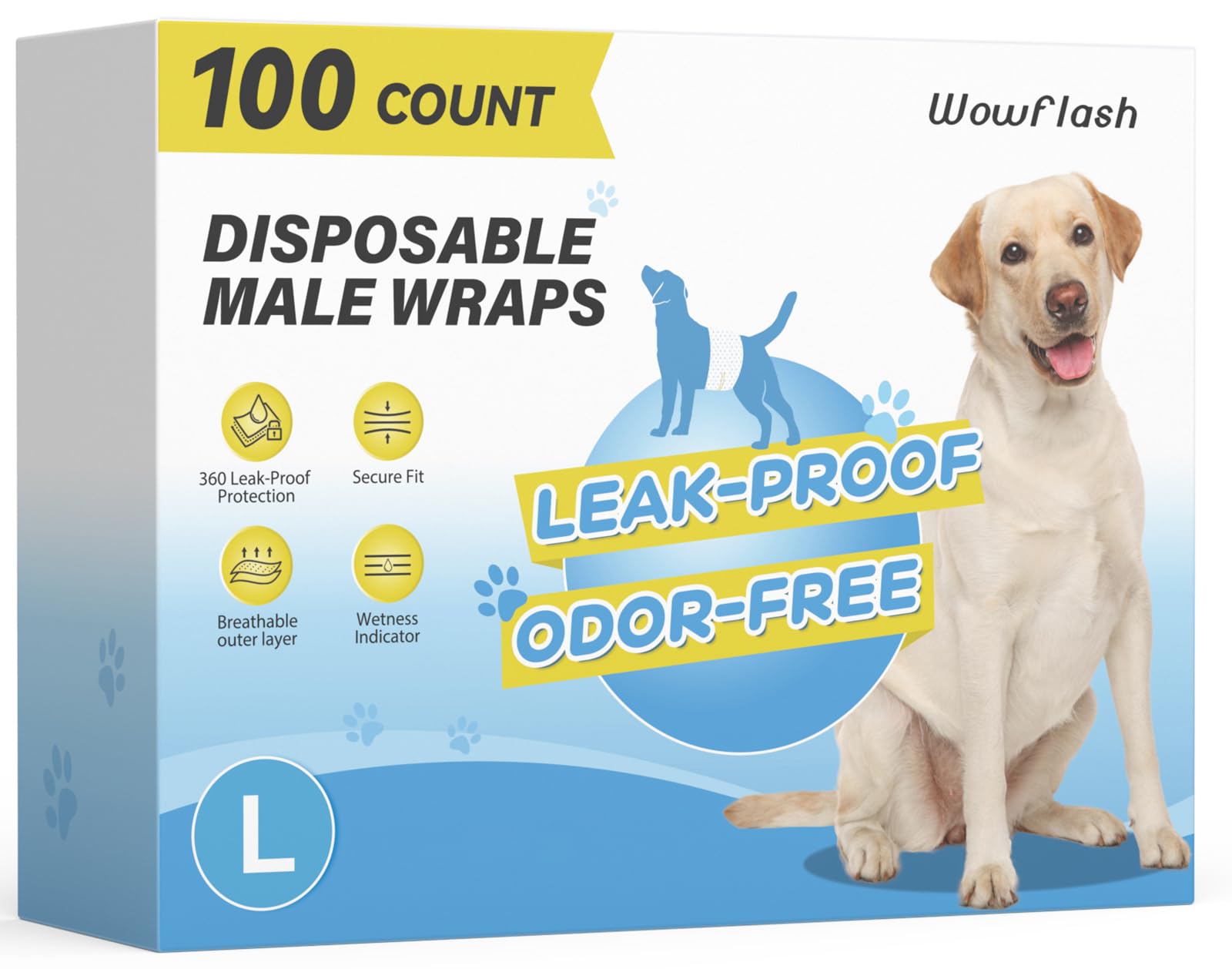 Wowflash 100 Count Dog Belly Bands for Male Dogs, Male Dog Diapers Disposable, Leakproof Dog Wraps with Wetness Indicator, Breathable Quick-Dry, Secure Fit for Doggy Puppy Training, Large