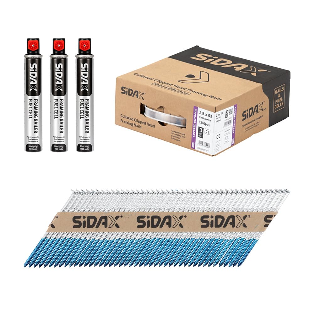 SiDAX | Collated Clipped Head Nails & Gas | Ring Shank | Electro-Galvanised | 2.8 x 63mm | Box 3300 pcs (CHN04-2863FC)